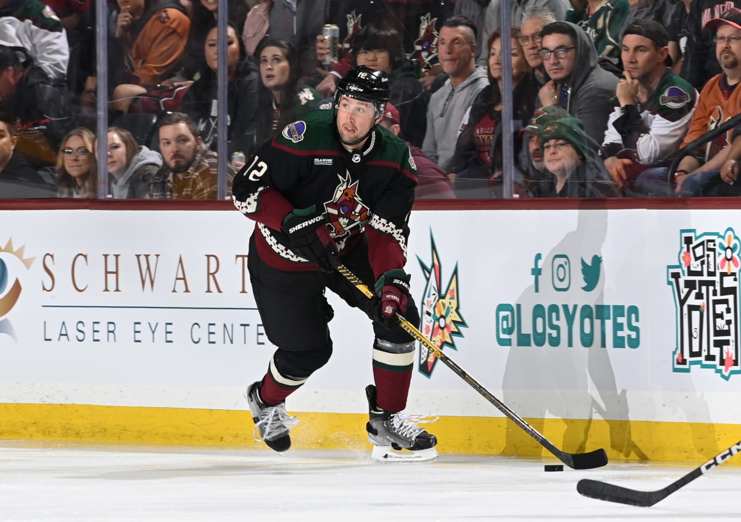 TEMPE, ARIZONA - FEBRUARY 06: Nick Ritchie #12 of the Arizona Coyotes skates with the puck against the Minnesota Wild at Mullett Arena on February 06, 2023 in Tempe, Arizona. (Photo by Norm Hall/NHLI via Getty Images)