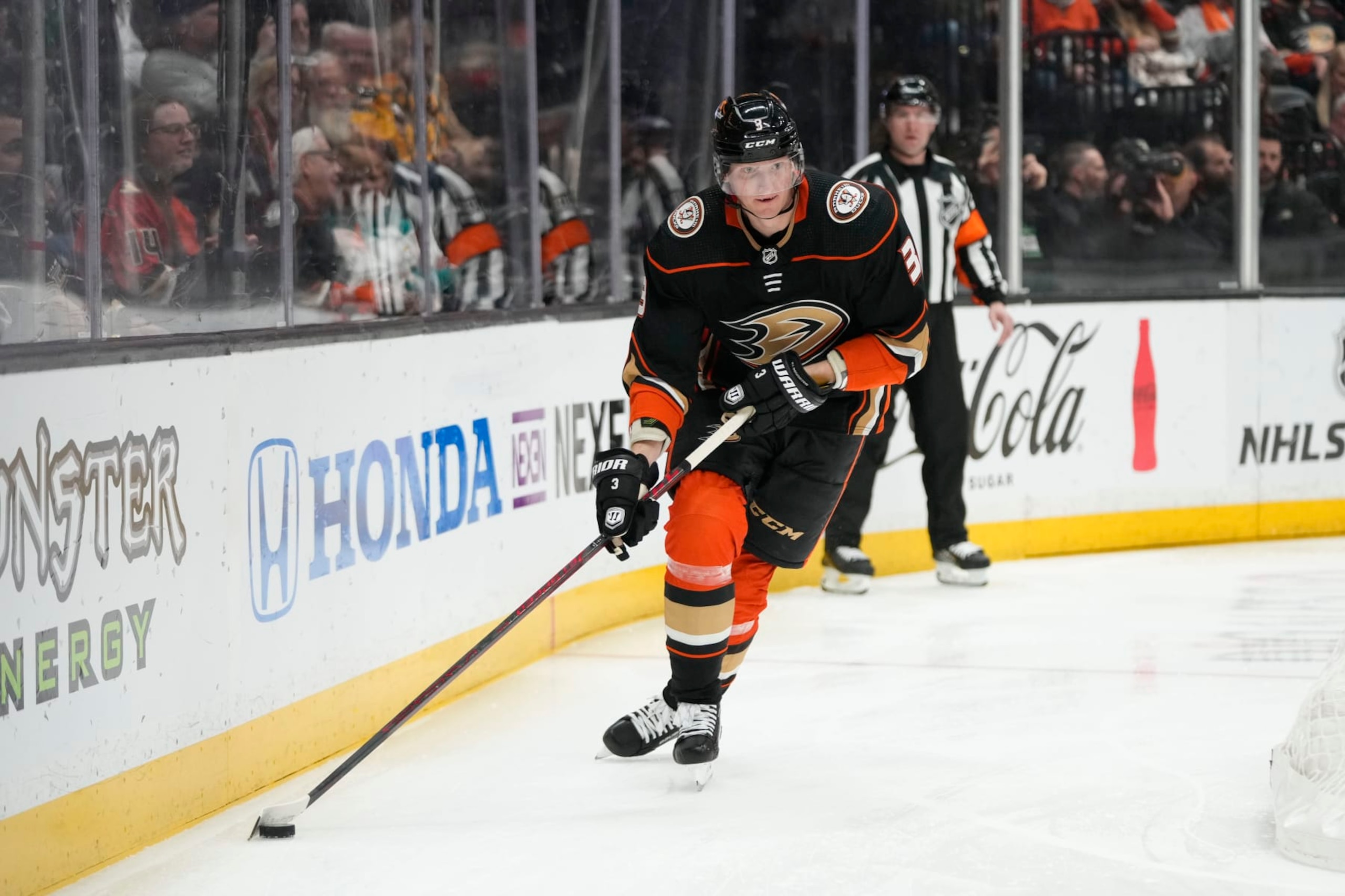 Anaheim Ducks' John Klingberg moves the puck during the first period of an NHL hockey game against the Pittsburgh Penguins Friday, Feb. 10, 2023, in Anaheim, Calif. (AP Photo/Jae C. Hong) Anaheim Ducks' John Klingberg moves the puck during the first period of an NHL hockey game against the Pittsburgh Penguins Friday, Feb. 10, 2023, in Anaheim, Calif. (AP Photo/Jae C. Hong)