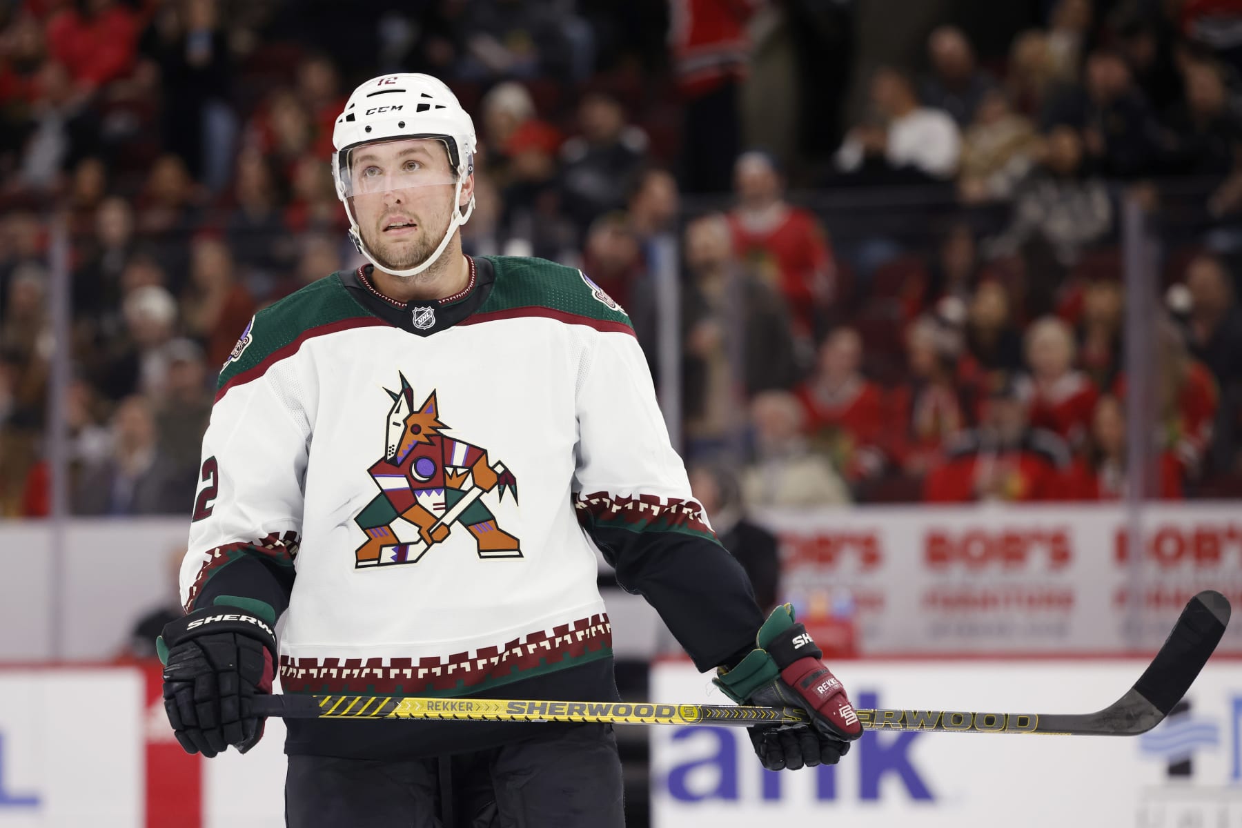 CHICAGO, IL - FEBRUARY 10: Arizona Coyotes left wing Nick Ritchie (12) looks on during an NHL game against the Chicago Blackhawks on February 10, 2023 at United Center in Chicago, Illinois. (Photo by Joe Robbins/Icon Sportswire via Getty Images)