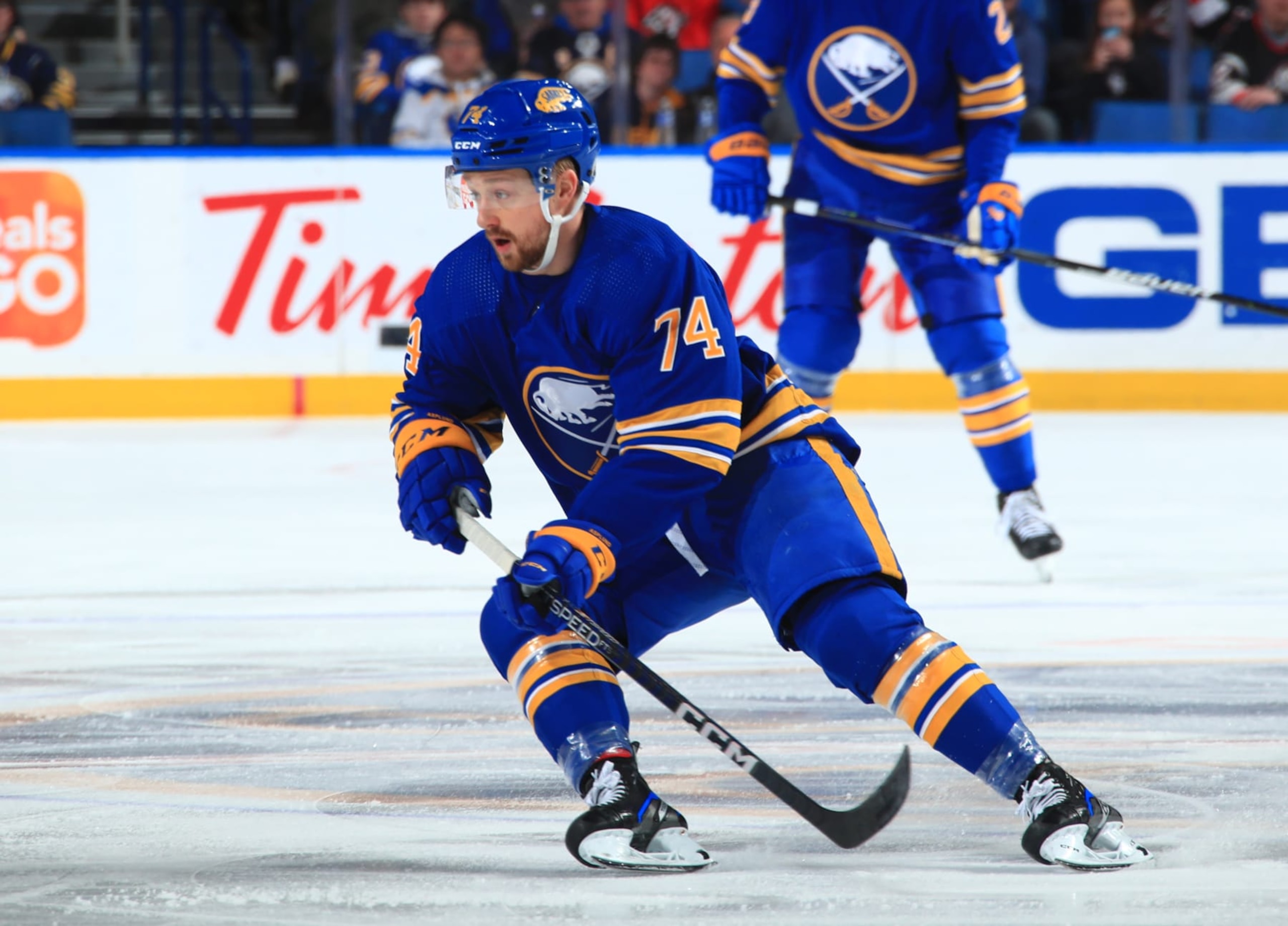 BUFFALO, NY - JANUARY 16: Rasmus Asplund #74 of the Buffalo Sabres skates during an NHL game against the Florida Panthers on January 16, 2023 at KeyBank Center in Buffalo, New York. (Photo by Bill Wippert/NHLI via Getty Images)