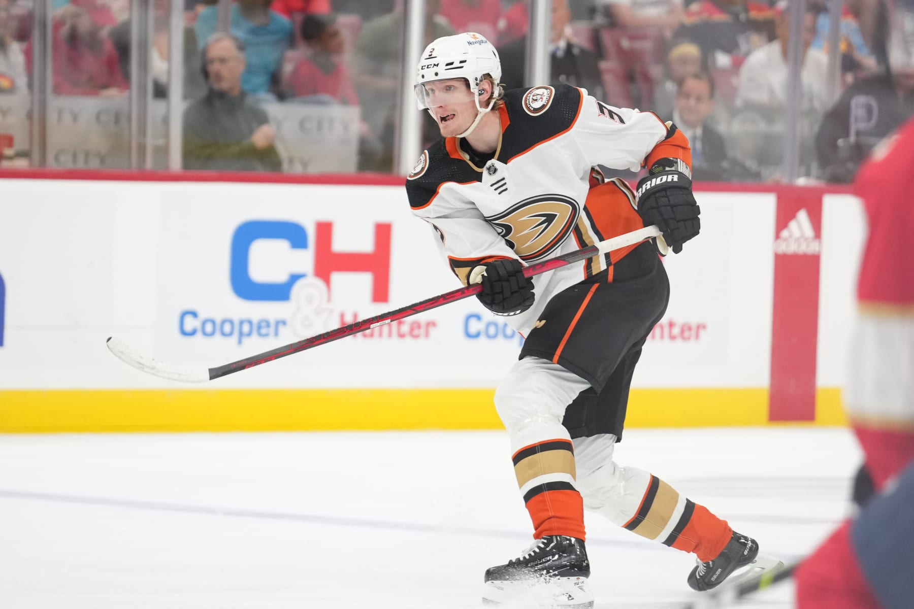 SUNRISE, FL - FEBRUARY 20: Anaheim Ducks defenseman John Klingberg (3) looks at his shot toward the goal during the game between the Anaheim Ducks and the Florida Panthers on Monday, February 20, 2023 at FLA Live Arena in Sunrise, Fla. (Photo by Peter Joneleit/Icon Sportswire via Getty Images)