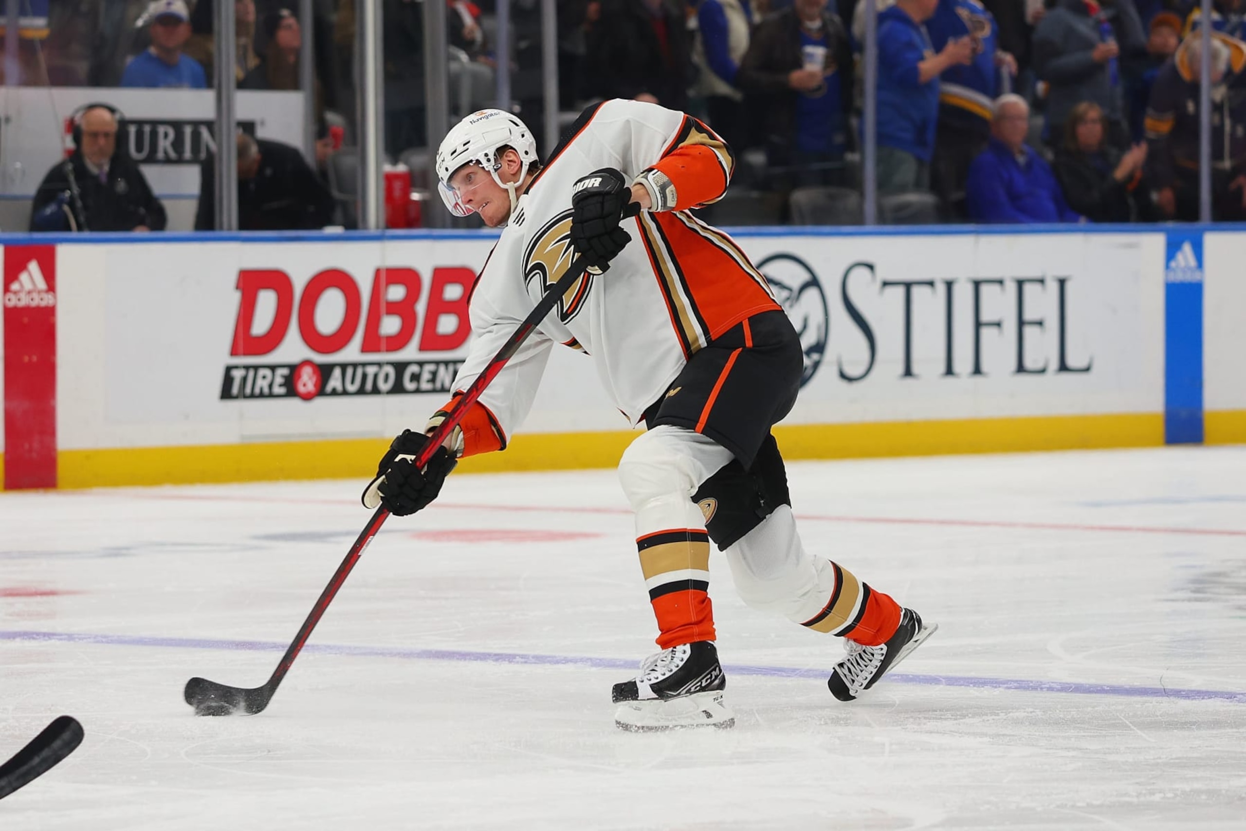 ST LOUIS, MO - NOVEMBER 21: John Klingberg #3 of the Anaheim Ducks shoots the puck against the St. Louis Blues in the second period at Enterprise Center on November 21, 2022 in St Louis, Missouri. (Photo by Dilip Vishwanat/Getty Images)