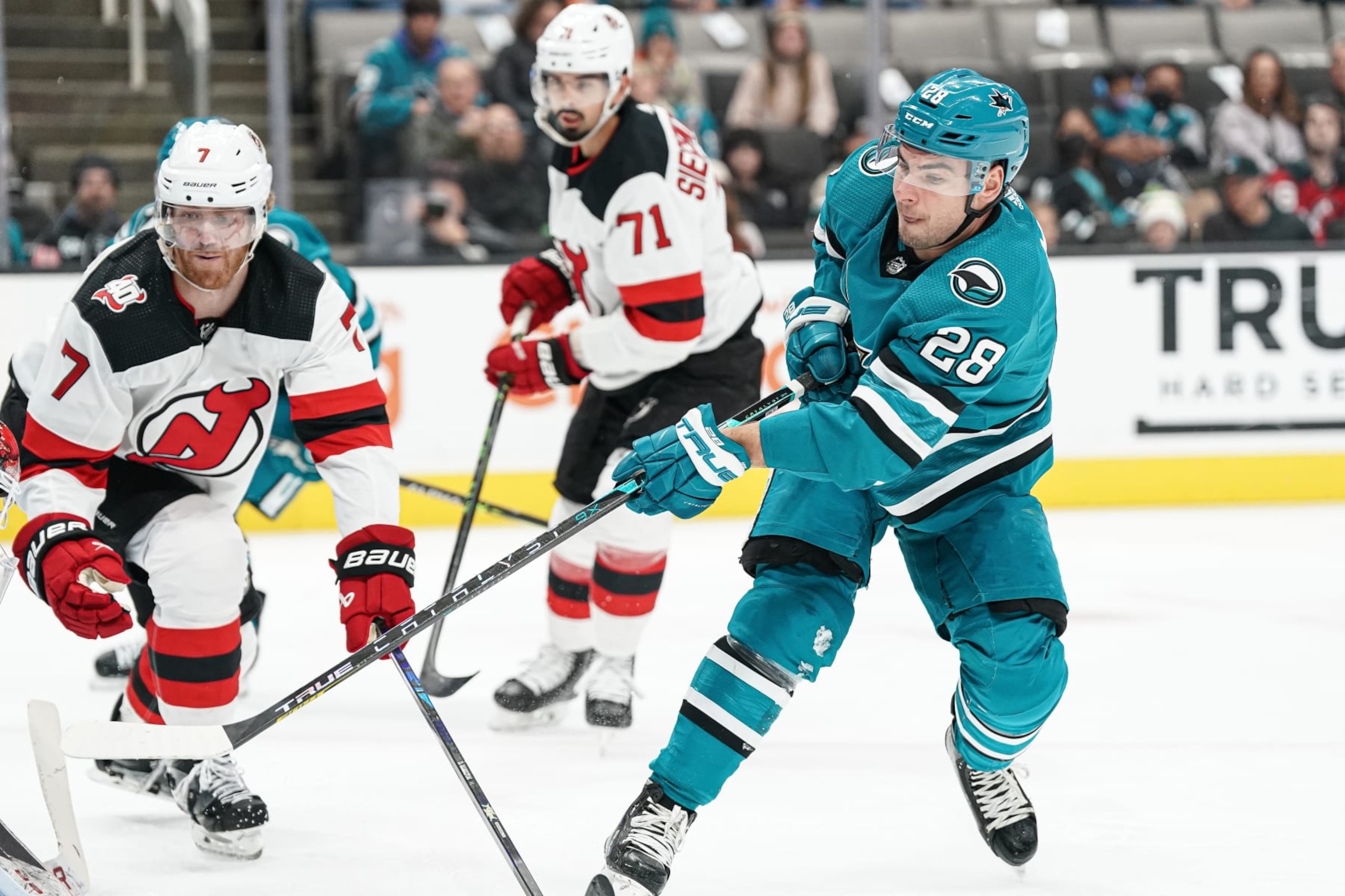 SAN JOSE, CA - JANUARY 16: Timo Meier #28 of the San Jose Sharks takes a shot on goal against the New Jersey Devils at SAP Center on January 16, 2023 in San Jose, California. (Photo by Kavin Mistry/NHLI via Getty Images)
