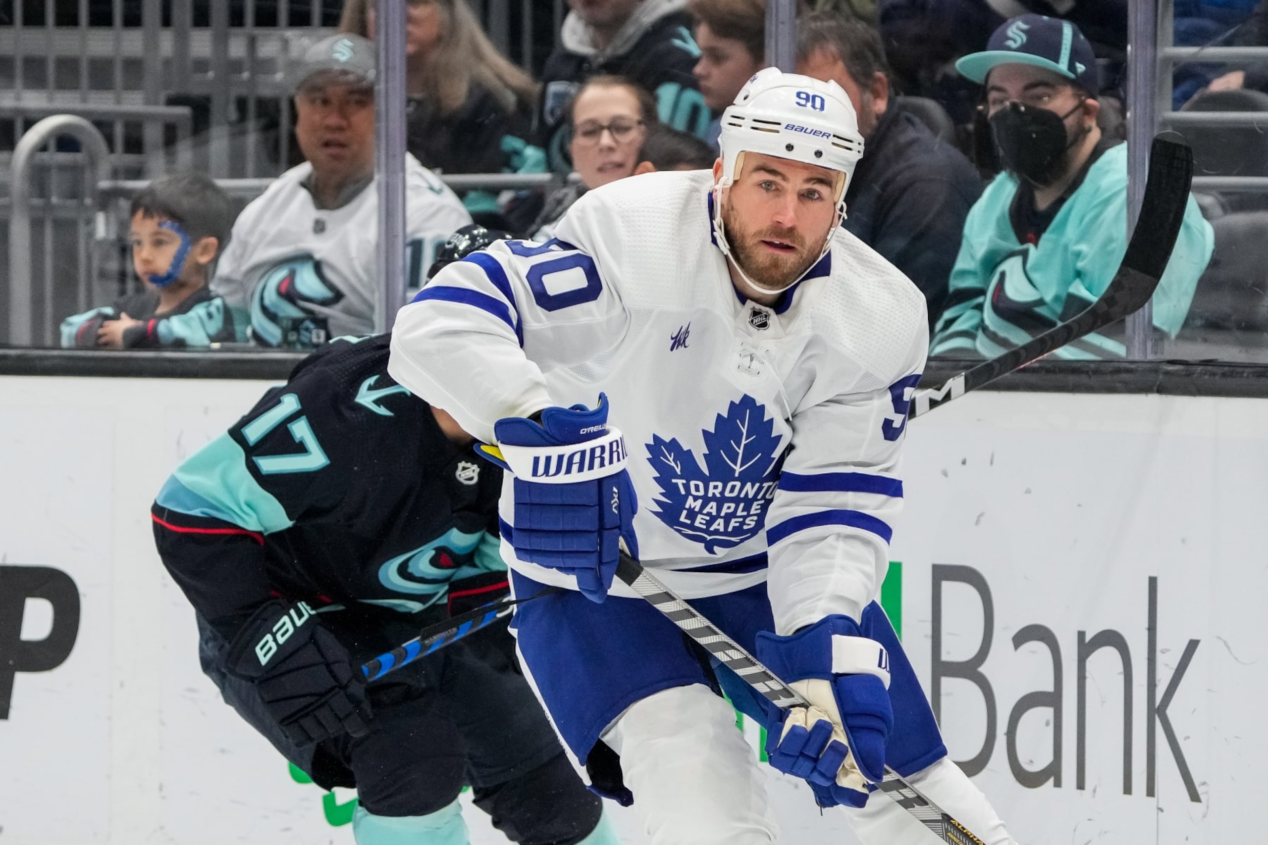 SEATTLE, WASHINGTON - FEBRUARY 26: Ryan OReilly #90 of the Toronto Maple Leafs skates with the puck during the first period of a game against the Seattle Kraken at Climate Pledge Arena on February 26, 2023 in Seattle, Washington. (Photo by Christopher Mast/NHLI via Getty Images)