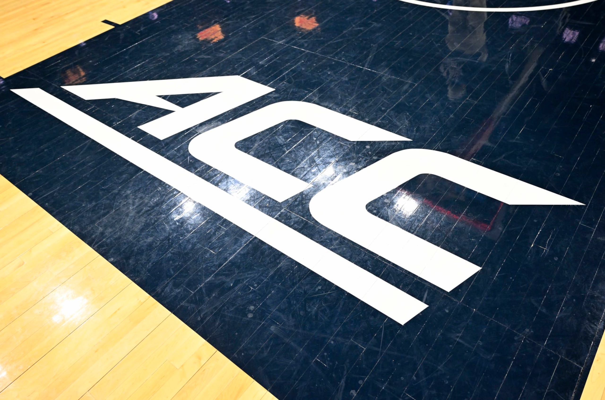 CHARLOTTESVILLE, VIRGINIA - JANUARY 12: The ACC logo on the court at John Paul Jones Arena after the game between the Virginia Cavaliers and the North Carolina Tar Heels on January 12, 2023 in Charlottesville, Virginia. (Photo by G Fiume/Getty Images)