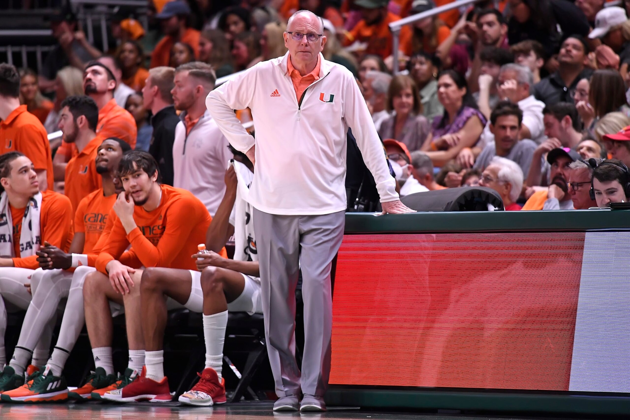 CORAL GABLES, FL - FEB 25: Miami Head Coach Jim Larrañaga (Larranaga) watches his players in the first half as the Miami Hurricanes faced the Florida State Seminoles on February 25, 2023, at the Watsco Center in Coral Gables, Florida. (Photo by Samuel Lewis/Icon Sportswire via Getty Images)