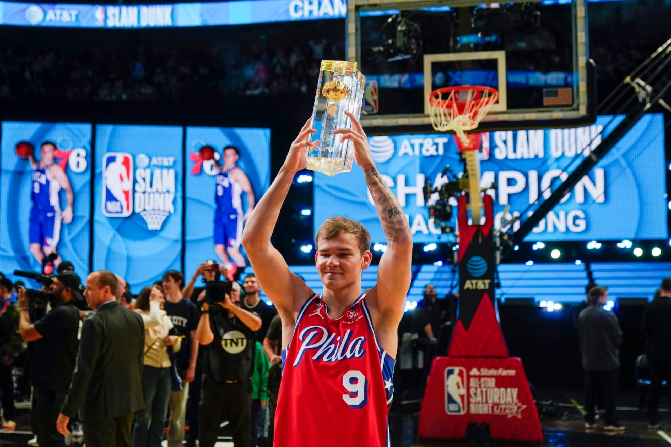 Mac McClung of the Philadelphia 76ers reacts after winning the slam dunk competition of the NBA basketball All-Star weekend Saturday, Feb. 18, 2023, in Salt Lake City. (AP Photo/Rick Bowmer)