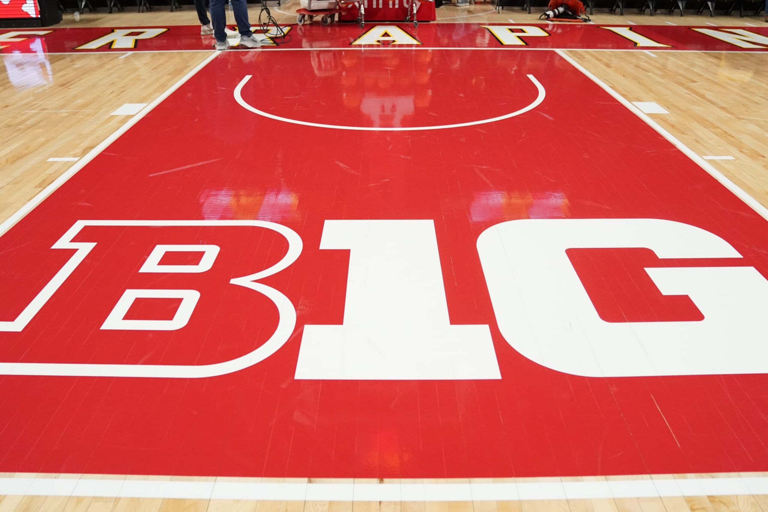 COLLEGE PARK, MD - DECEMBER 29:  The Big ten logo on the floor before a basketball game between the Maryland Terrapins the UMBC Retrievers at the Xfinity Center on December 29, 2022 in College Park, Maryland.  (Photo by Mitchell Layton/Getty Images)