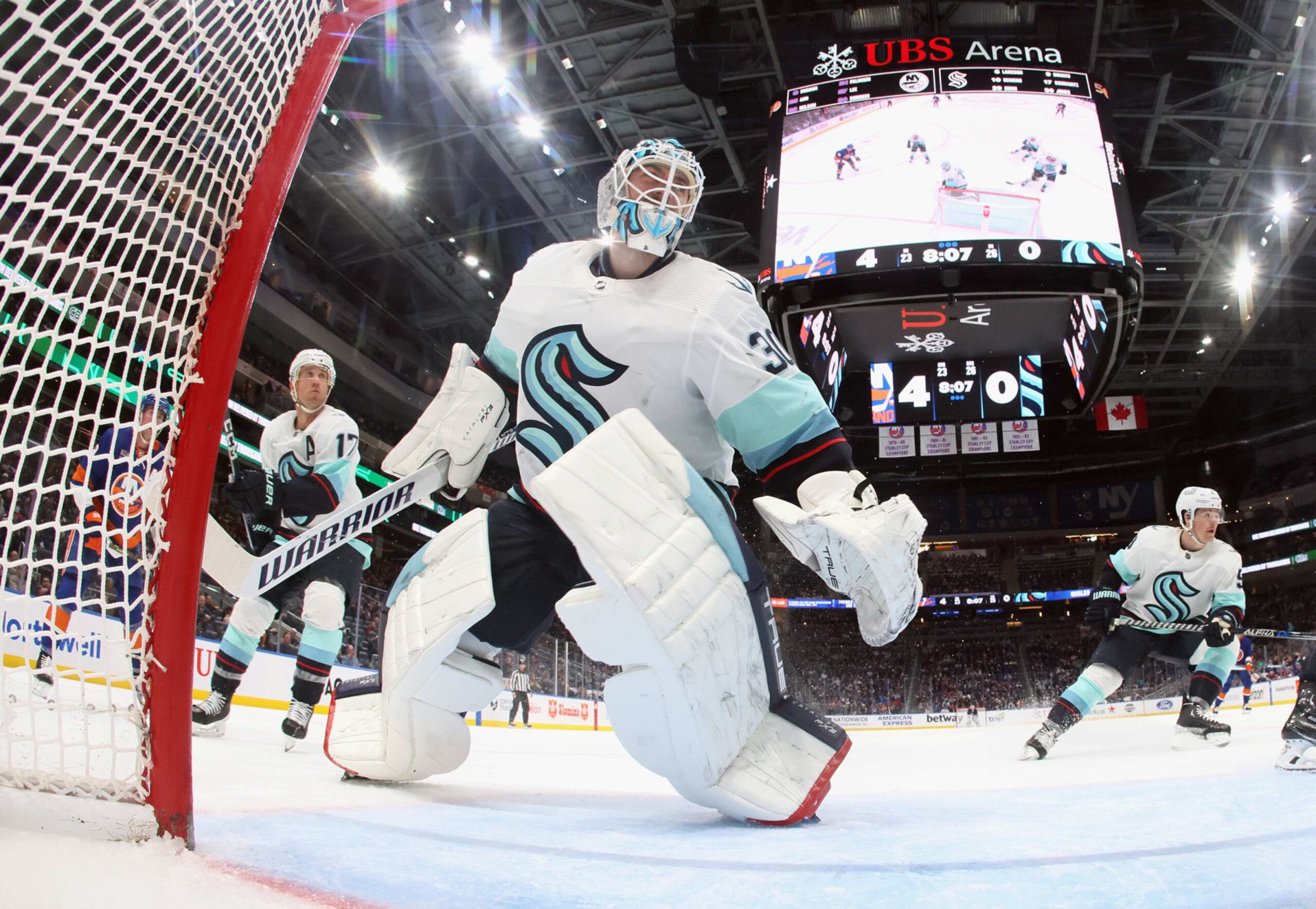 ELMONT, NEW YORK - FEBRUARY 07: Martin Jones #30 of the Seattle Kraken defends the net against the New York Islanders during the third period at UBS Arena on February 07, 2023 in Elmont, New York. The Islanders shut out the Kraken 4-0. (Photo by Bruce Bennett/Getty Images)