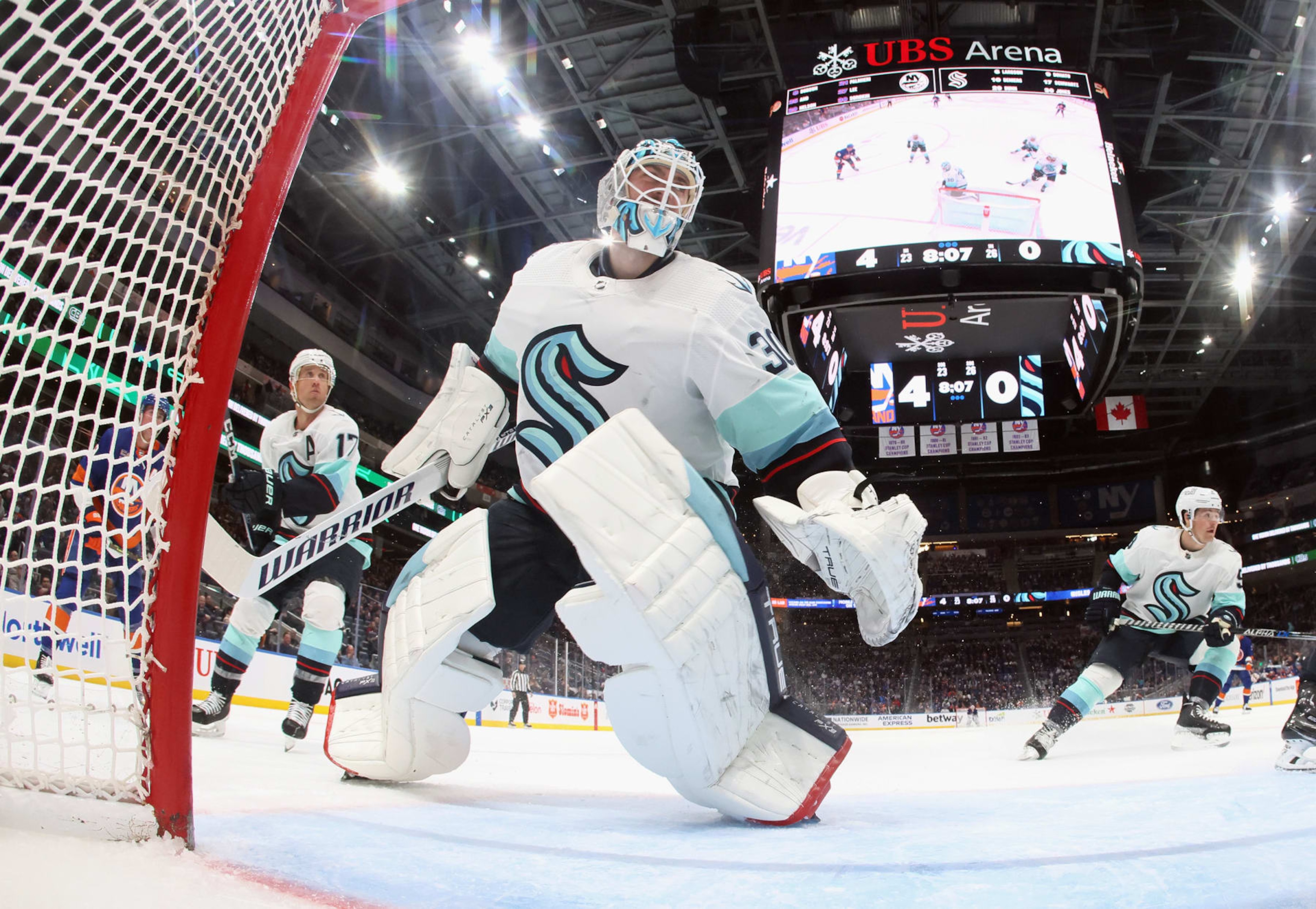 ELMONT, NEW YORK - FEBRUARY 07: Martin Jones #30 of the Seattle Kraken defends the net against the New York Islanders during the third period at UBS Arena on February 07, 2023 in Elmont, New York. The Islanders shut out the Kraken 4-0. (Photo by Bruce Bennett/Getty Images)