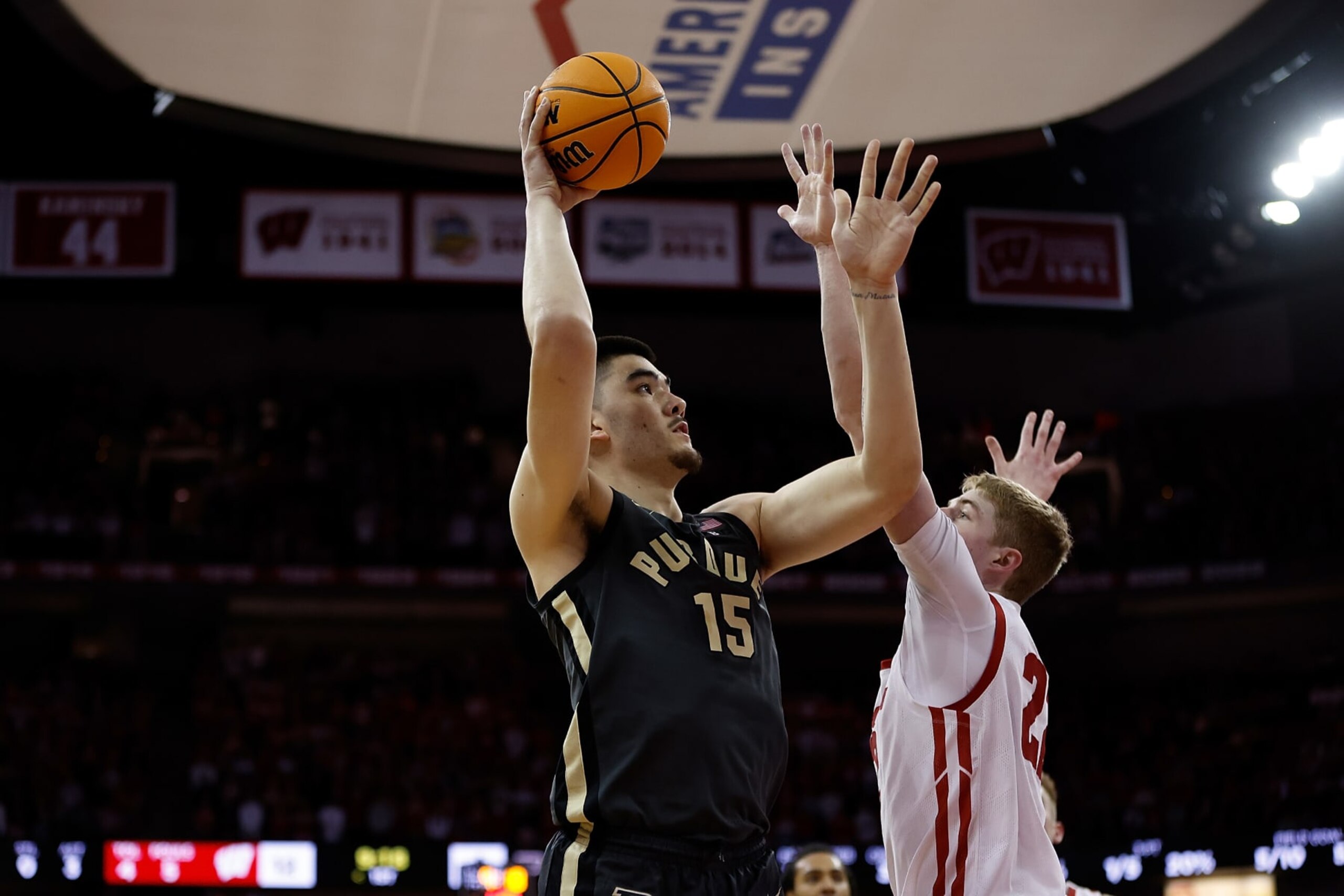 MADISON, WISCONSIN - MARCH 02: Zach Edey #15 of the Purdue Boilermakers shoots the ball against Steven Crowl #22 of the Wisconsin Badgers \d1f\ of the game at Kohl Center on March 02, 2023 in Madison, Wisconsin. (Photo by John Fisher/Getty Images)
