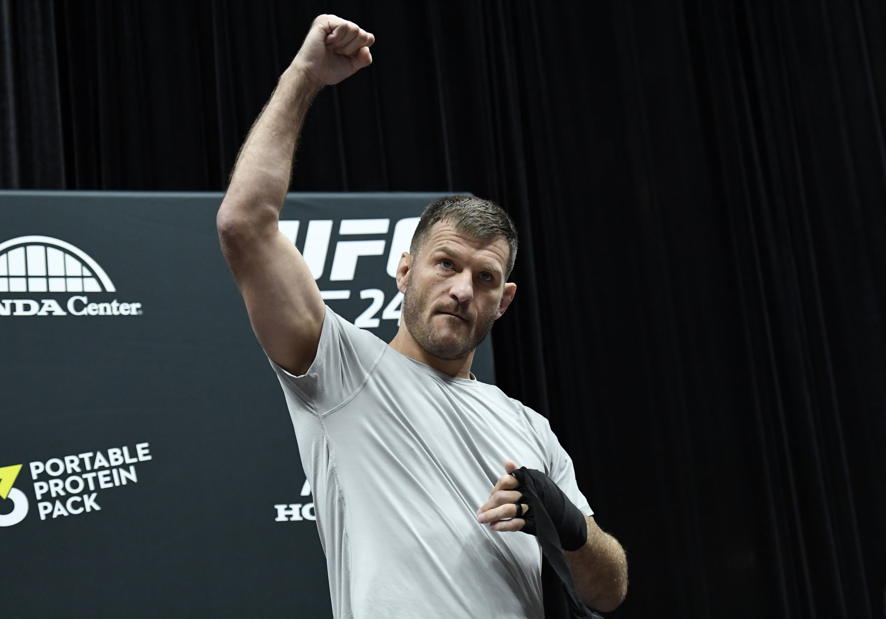 ANAHEIM, CA - AUGUST 14: Former UFC heavyweight champion Stipe Miocic holds an open workout for fans and media at Honda Center on August 14, 2019 in Anaheim, California. (Photo by Kevork Djansezian/Zuffa LLC/Zuffa LLC)