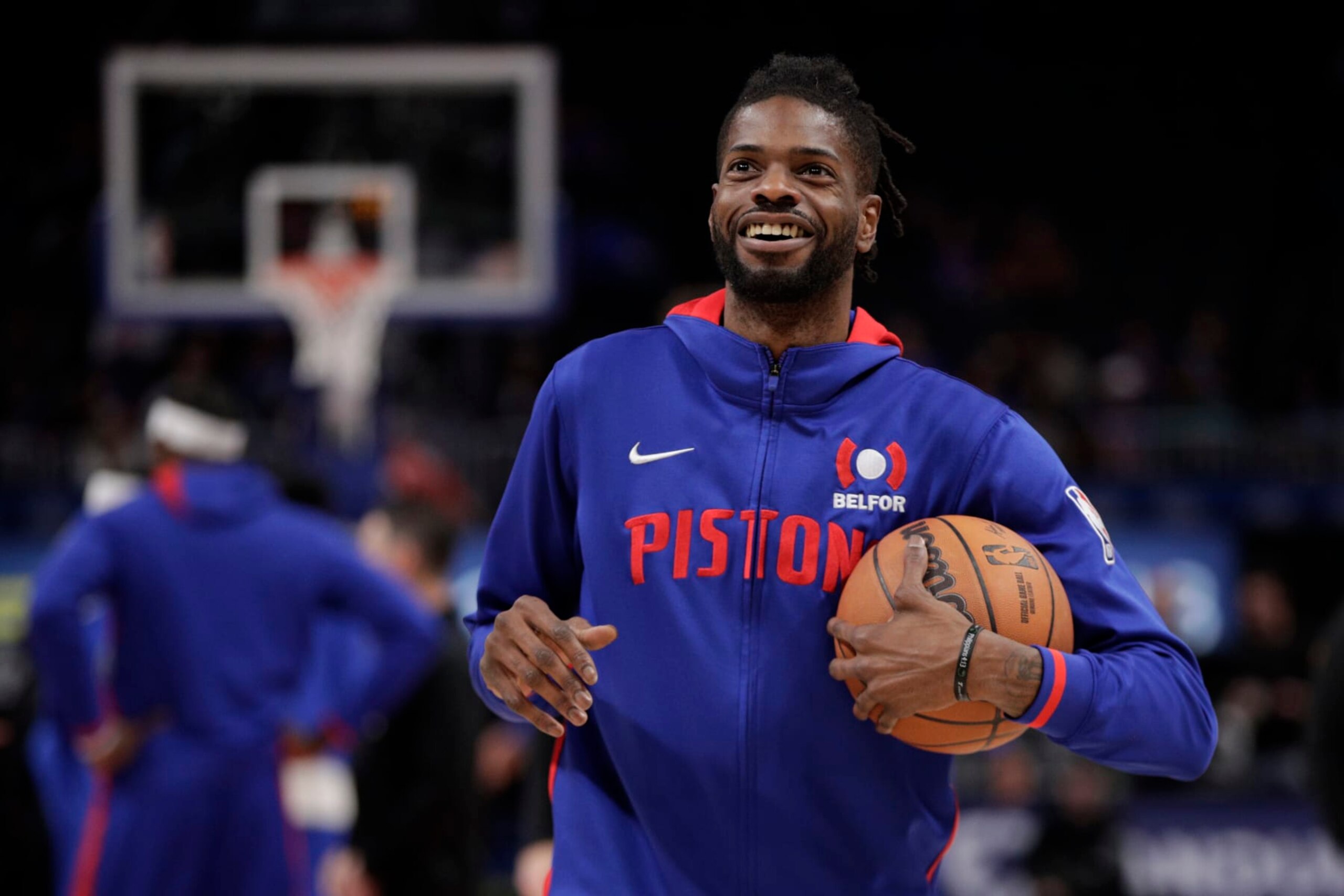 DETROIT, MI - DECEMBER 1: Nerlens Noel #3 of the Detroit Pistons looks on prior to the game against the Dallas Mavericks on December 1, 2022 at Little Caesars Arena in Detroit, Michigan. NOTE TO USER: User expressly acknowledges and agrees that, by downloading and/or using this photograph, User is consenting to the terms and conditions of the Getty Images License Agreement. Mandatory Copyright Notice: Copyright 2022 NBAE (Photo by Brian Sevald/NBAE via Getty Images)