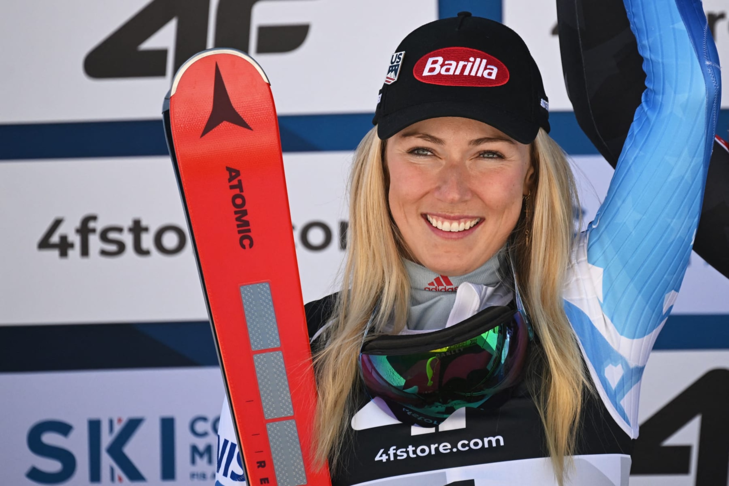 Second-placed placed US Mikaela Shiffrin celebrates on the podium for the Women's Slalom event of the FIS Alpine Ski World Championship 2023 in Meribel, French Alps, on February 18, 2023. (Photo by Lionel BONAVENTURE / AFP) (Photo by LIONEL BONAVENTURE/AFP via Getty Images)