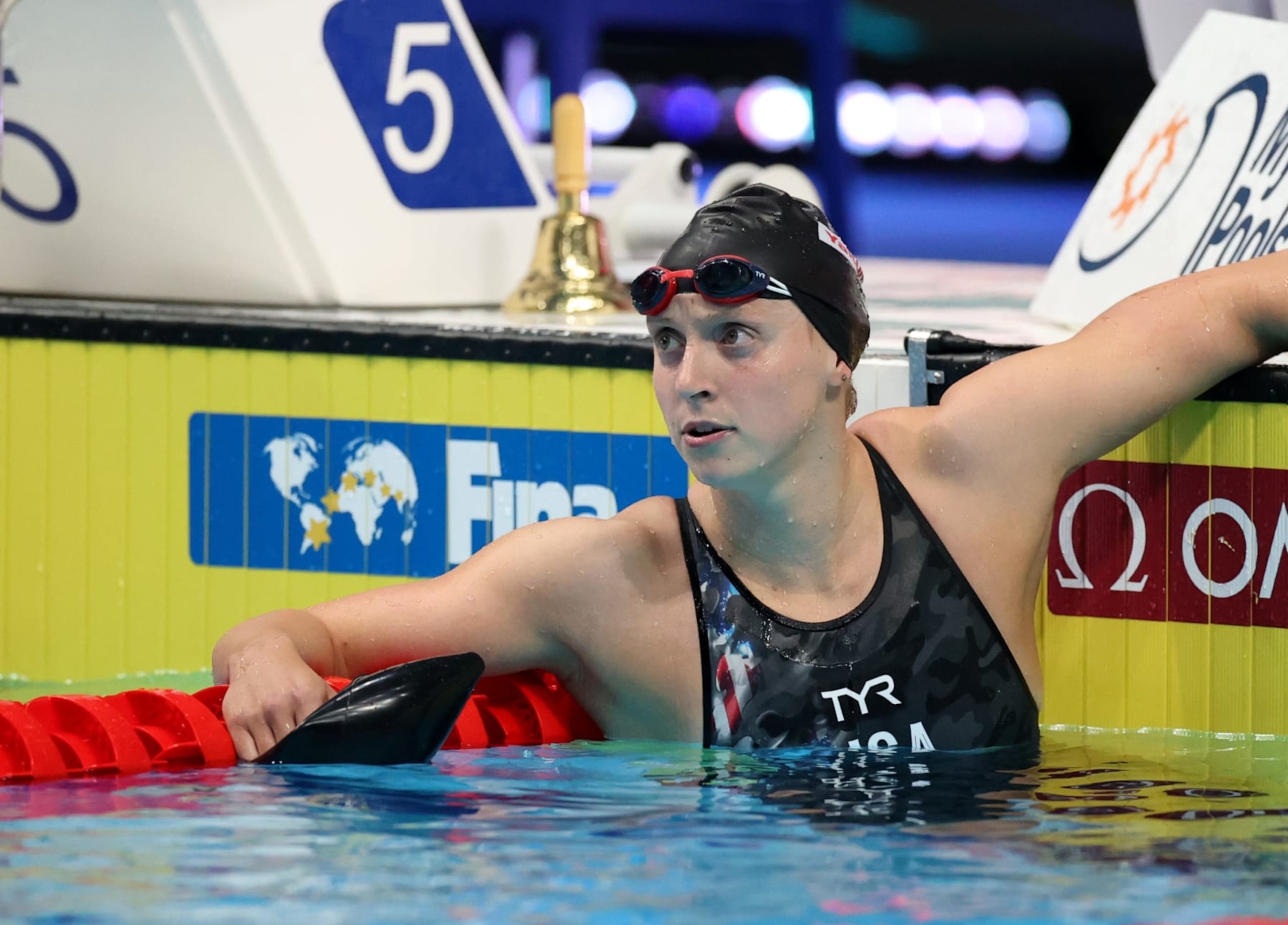 File photo taken on June 24, 2022 shows Katie Ledecky of the United States reacts after the women's 800m freestyle final at the 19th FINA World Championships in Budapest, Hungary. Ledecky won the women's 800m freestyle at the FINA World Championships in Budapest, to take the fifth consecutive title in the event. In this tournament, the 25-year-old clinched four gold medals to take her world championships gold medal tally to 19. Ledecky also broke the women's short-course world record in the 1,500m and 800m freestyle at the FINA World Cup. (Photo by Li Ying/Xinhua via Getty Images) File photo taken on June 24, 2022 shows Katie Ledecky of the United States reacts after the women's 800m freestyle final at the 19th FINA World Championships in Budapest, Hungary. Ledecky won the women's 800m freestyle at the FINA World Championships in Budapest, to take the fifth consecutive title in the event. In this tournament, the 25-year-old clinched four gold medals to take her world championships gold medal tally to 19. Ledecky also broke the women's short-course world record in the 1,500m and 800m freestyle at the FINA World Cup. (Photo by Li Ying/Xinhua via Getty Images)
