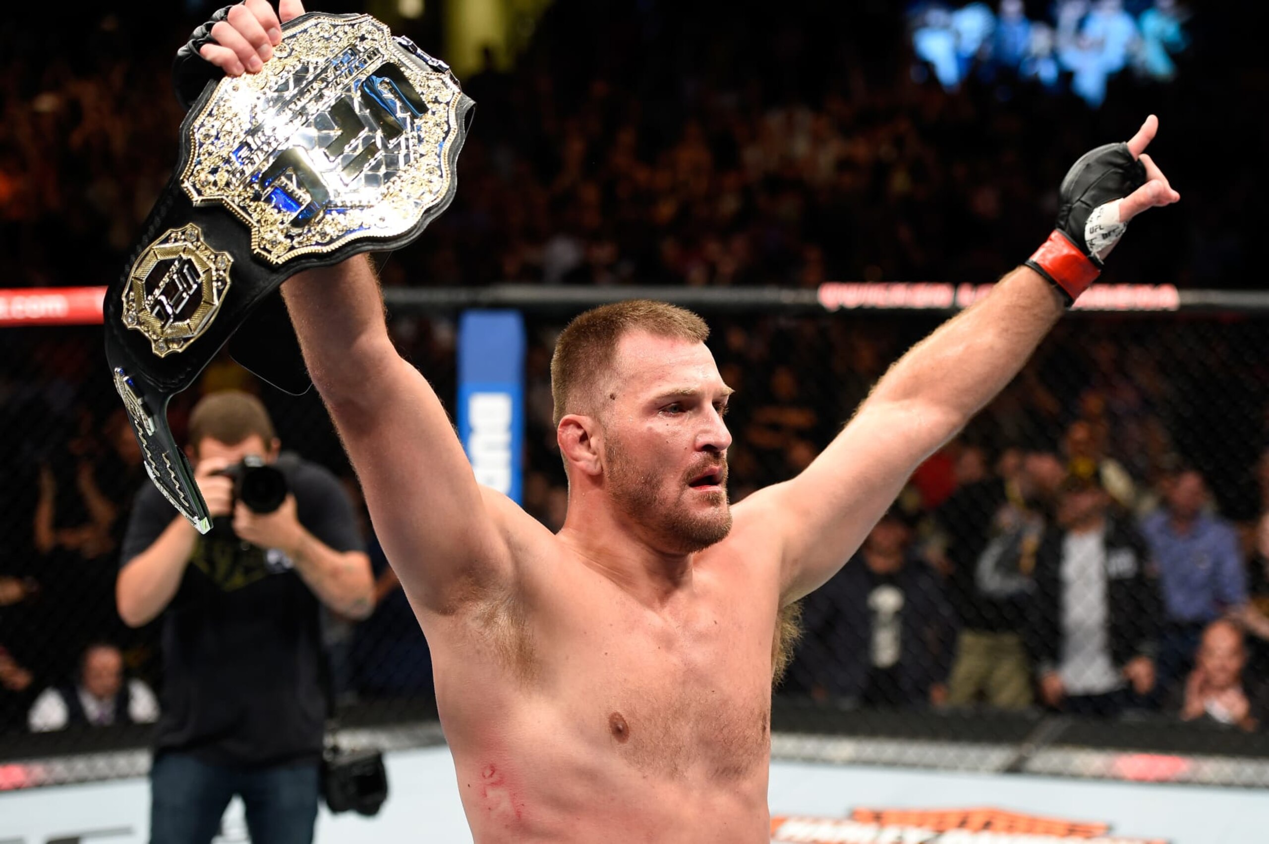 CLEVELAND, OH - SEPTEMBER 10:  Stipe Miocic celebrates after defeating Alistair Overeem of The Netherlands in their UFC heavyweight championship bout during the UFC 203 event at Quicken Loans Arena on September 10, 2016 in Cleveland, Ohio. (Photo by Josh Hedges/Zuffa LLC/Zuffa LLC via Getty Images)