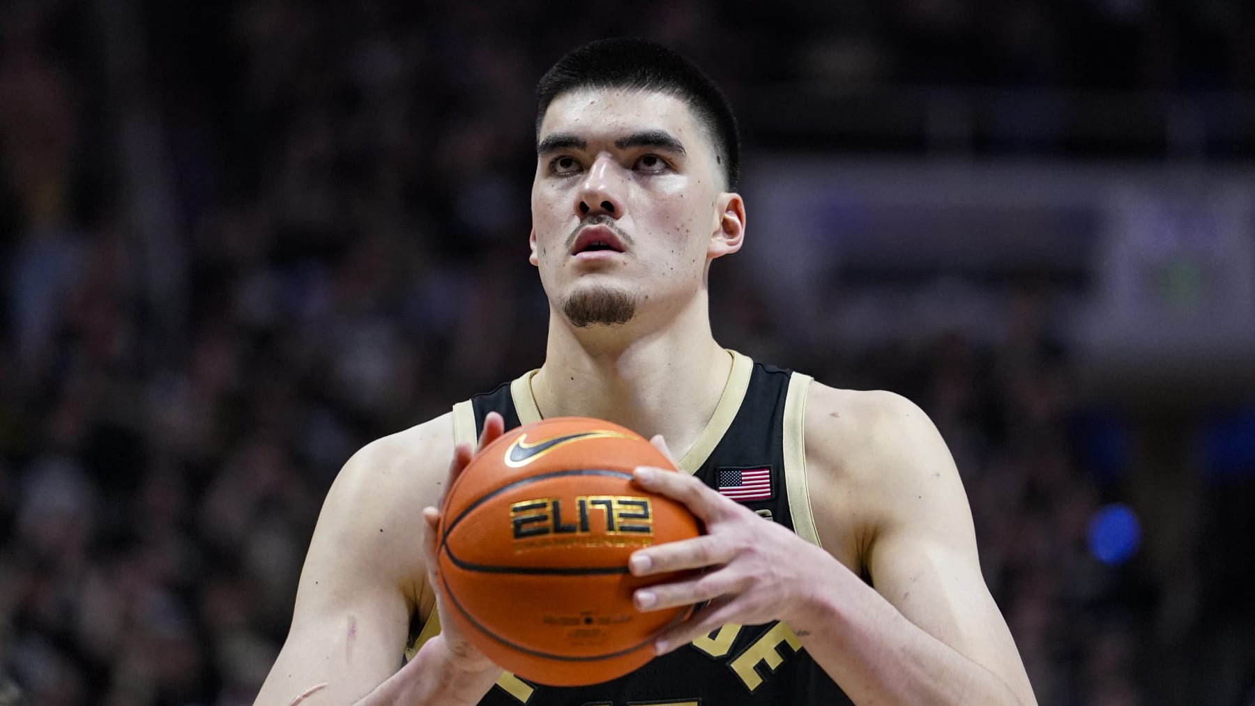 Purdue center Zach Edey (15) shoots against Indiana during the second half of an NCAA college basketball game in West Lafayette, Ind., Saturday, Feb. 25, 2023. Indiana defeated Purdue 79-71. (AP Photo/Michael Conroy)