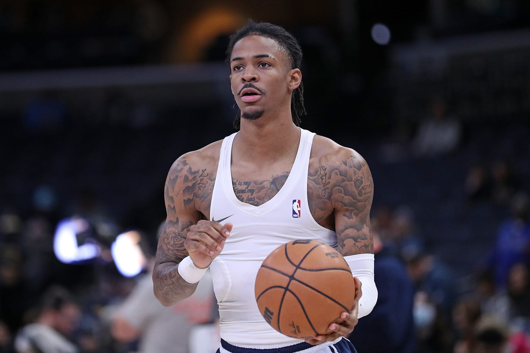 MEMPHIS, TENNESSEE - JANUARY 29: Ja Morant #12 of the Memphis Grizzlies warms up before the game against the Indiana Pacers at FedExForum on January 29, 2023 in Memphis, Tennessee. NOTE TO USER: User expressly acknowledges and agrees that, by downloading and or using this photograph, User is consenting to the terms and conditions of the Getty Images License Agreement. (Photo by Justin Ford/Getty Images)