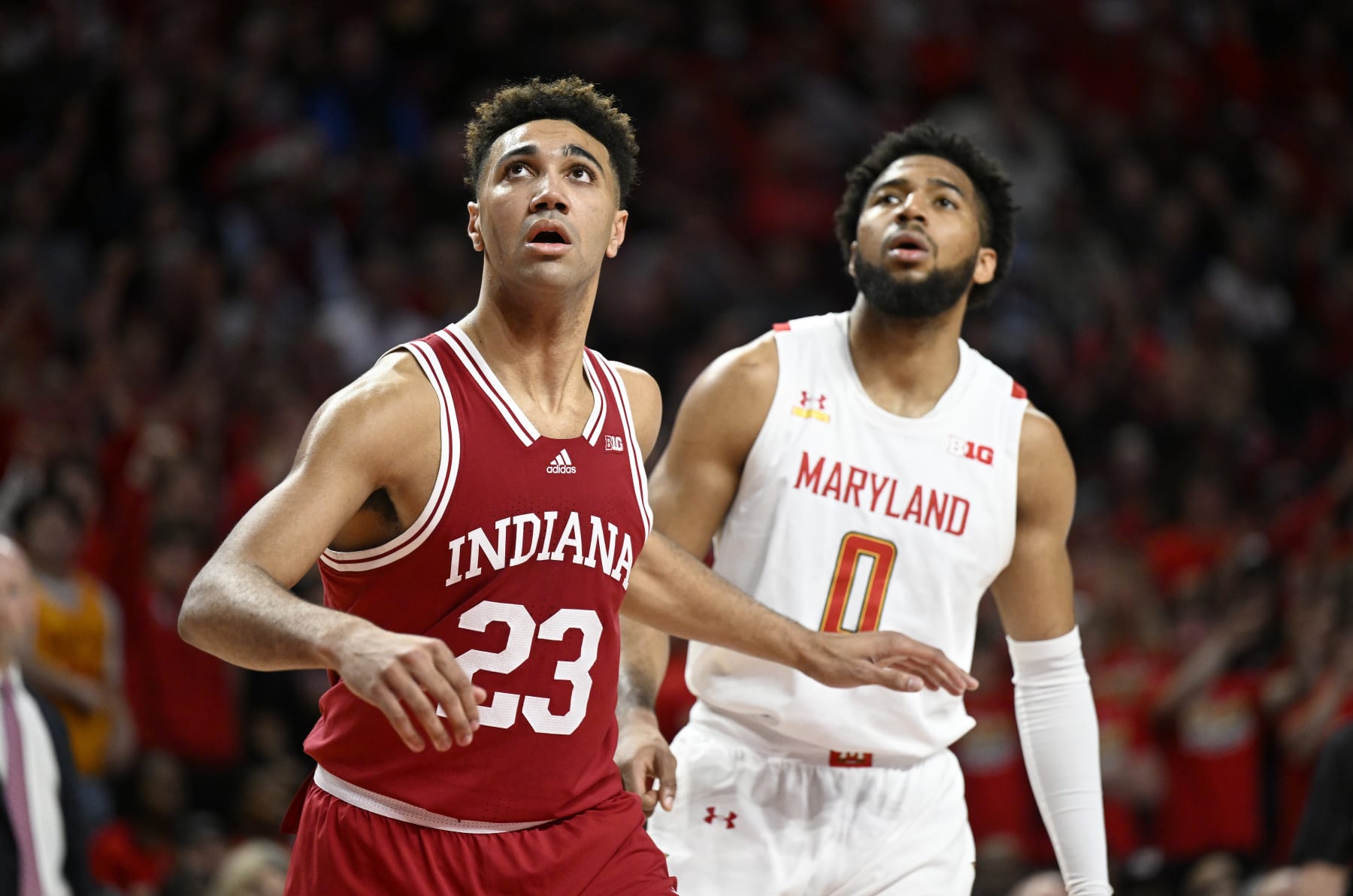 COLLEGE PARK, MARYLAND - JANUARY 31: Trayce Jackson-Davis #23 of the Indiana Hoosiers boxes out against Don Carey #0 of the Maryland Terrapins at Xfinity Center on January 31, 2023 in College Park, Maryland. (Photo by G Fiume/Getty Images)