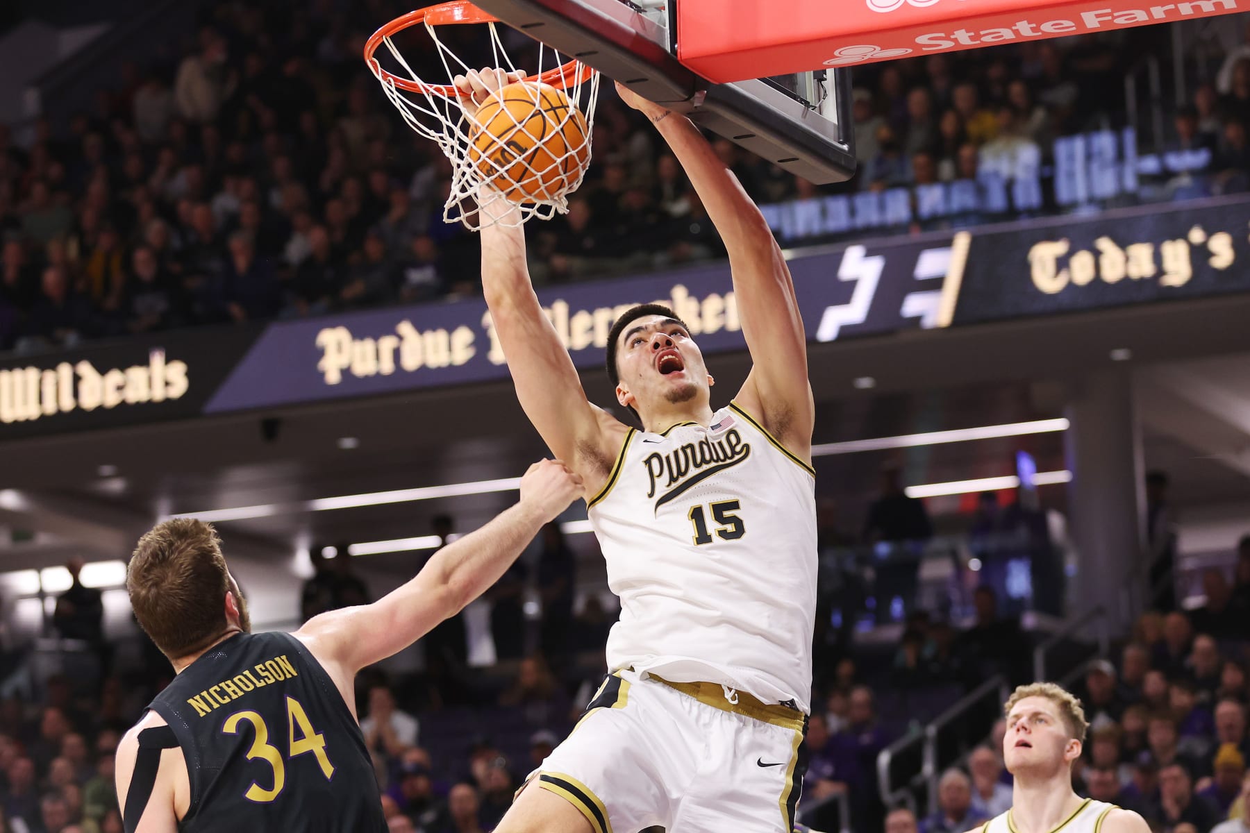 EVANSTON, ILLINOIS - FEBRUARY 12: Zach Edey #15 of the Purdue Boilermakers dunks against the Northwestern Wildcats during the second half at Welsh-Ryan Arena on February 12, 2023 in Evanston, Illinois. (Photo by Michael Reaves/Getty Images)