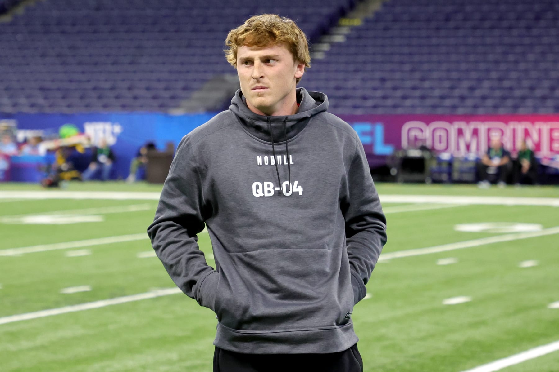 INDIANAPOLIS, INDIANA - MARCH 04: Quarterback Max Duggan of Texas Christian looks on during the NFL Combine at Lucas Oil Stadium on March 04, 2023 in Indianapolis, Indiana. (Photo by Stacy Revere/Getty Images)