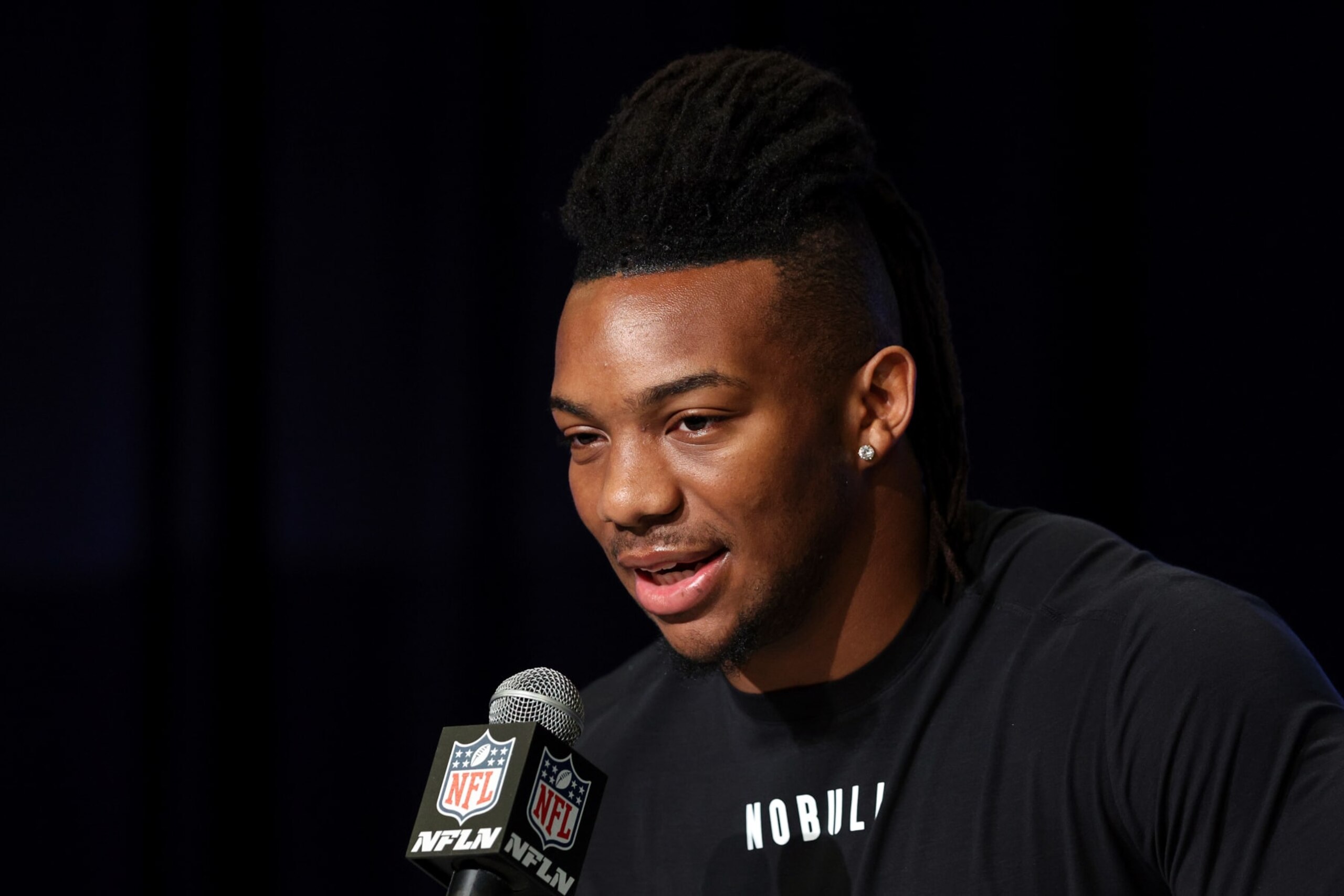 INDIANAPOLIS, INDIANA - MARCH 04: Running back Bijan Robinson of Texas speaks to the media during the NFL Combine at Lucas Oil Stadium on March 04, 2023 in Indianapolis, Indiana. (Photo by Michael Hickey/Getty Images)
