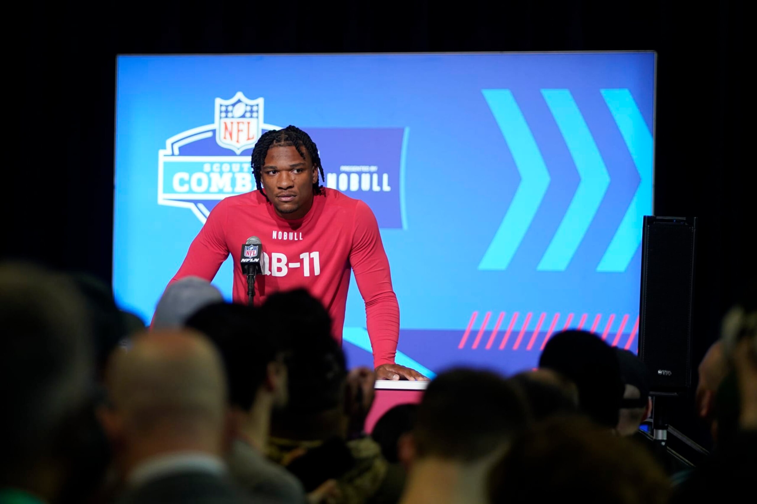 Florida quarterback Anthony Richardson speaks during a news conference at the NFL football scouting combine in Indianapolis, Friday, March 3, 2023. (AP Photo/Darron Cummings)