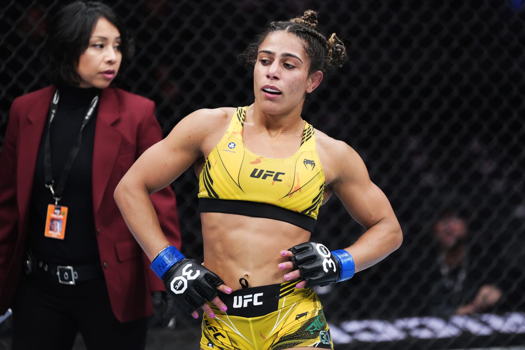 LAS VEGAS, NEVADA - MARCH 04: Tabatha Ricci of Brazil reacts to her win over Jessica Penne in a strawweight fight during the UFC 285 event at T-Mobile Arena on March 04, 2023 in Las Vegas, Nevada. (Photo by Jeff Bottari/Zuffa LLC via Getty Images)