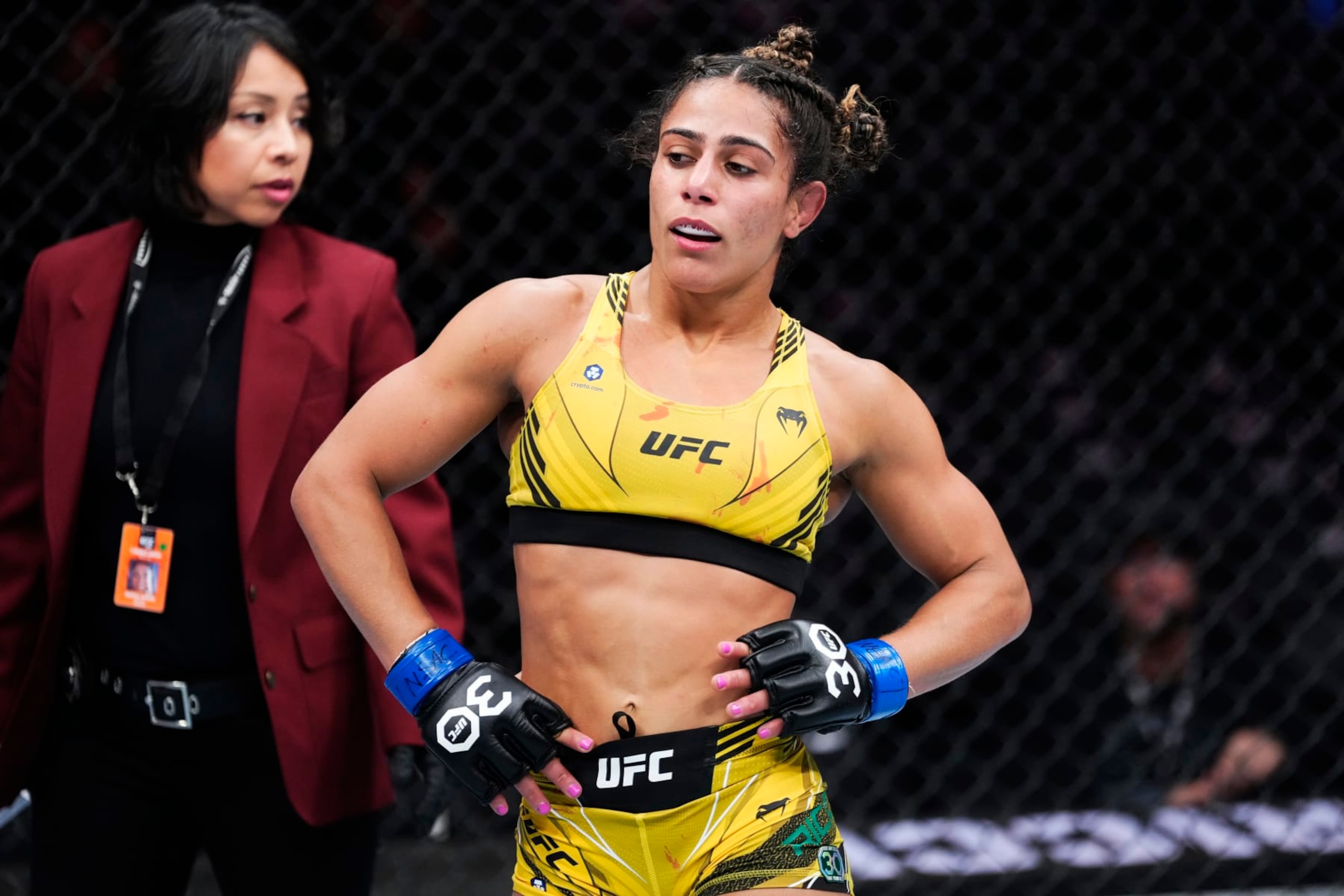 LAS VEGAS, NEVADA - MARCH 04: Tabatha Ricci of Brazil reacts to her win over Jessica Penne in a strawweight fight during the UFC 285 event at T-Mobile Arena on March 04, 2023 in Las Vegas, Nevada. (Photo by Jeff Bottari/Zuffa LLC via Getty Images)