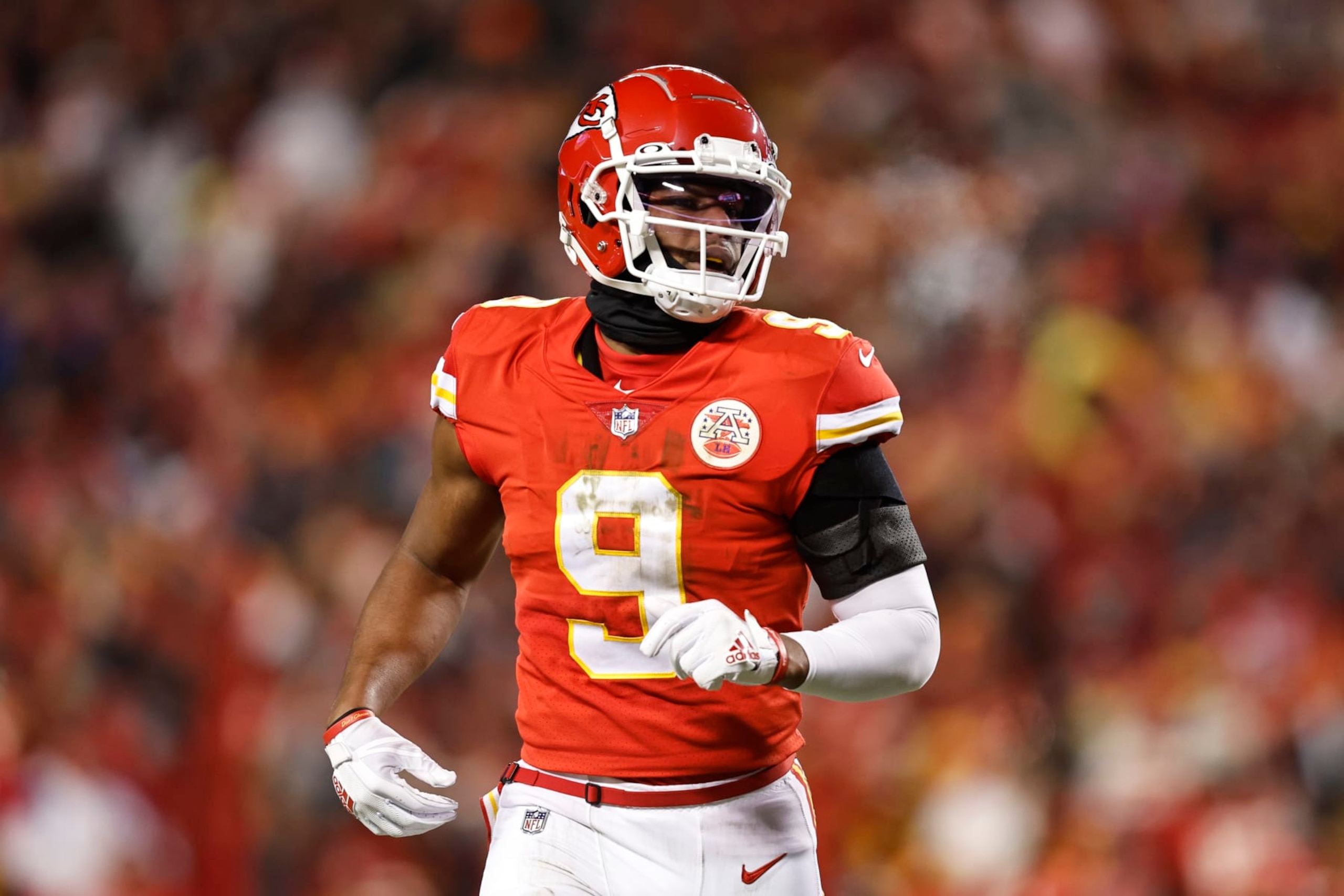 KANSAS CITY, MISSOURI - JANUARY 29: JuJu Smith-Schuster #9 of the Kansas City Chiefs runs during the AFC Championship NFL football game between the Kansas City Chiefs and the Cincinnati Bengals at GEHA Field at Arrowhead Stadium on January 29, 2023 in Kansas City, Missouri. (Photo by Michael Owens/Getty Images)