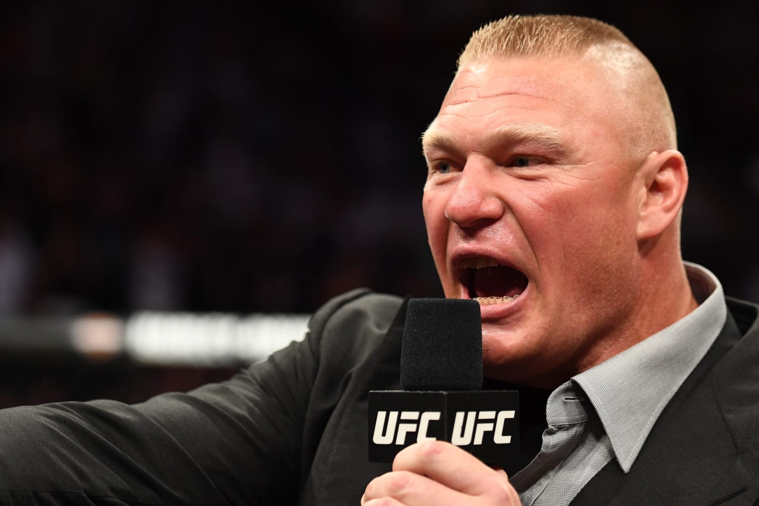 LAS VEGAS, NV - JULY 07:  Brock Lesnar confronts Daniel Cormier in their UFC heavyweight championship fight during the UFC 226 event inside T-Mobile Arena on July 7, 2018 in Las Vegas, Nevada.  (Photo by Josh Hedges/Zuffa LLC/Zuffa LLC via Getty Images)