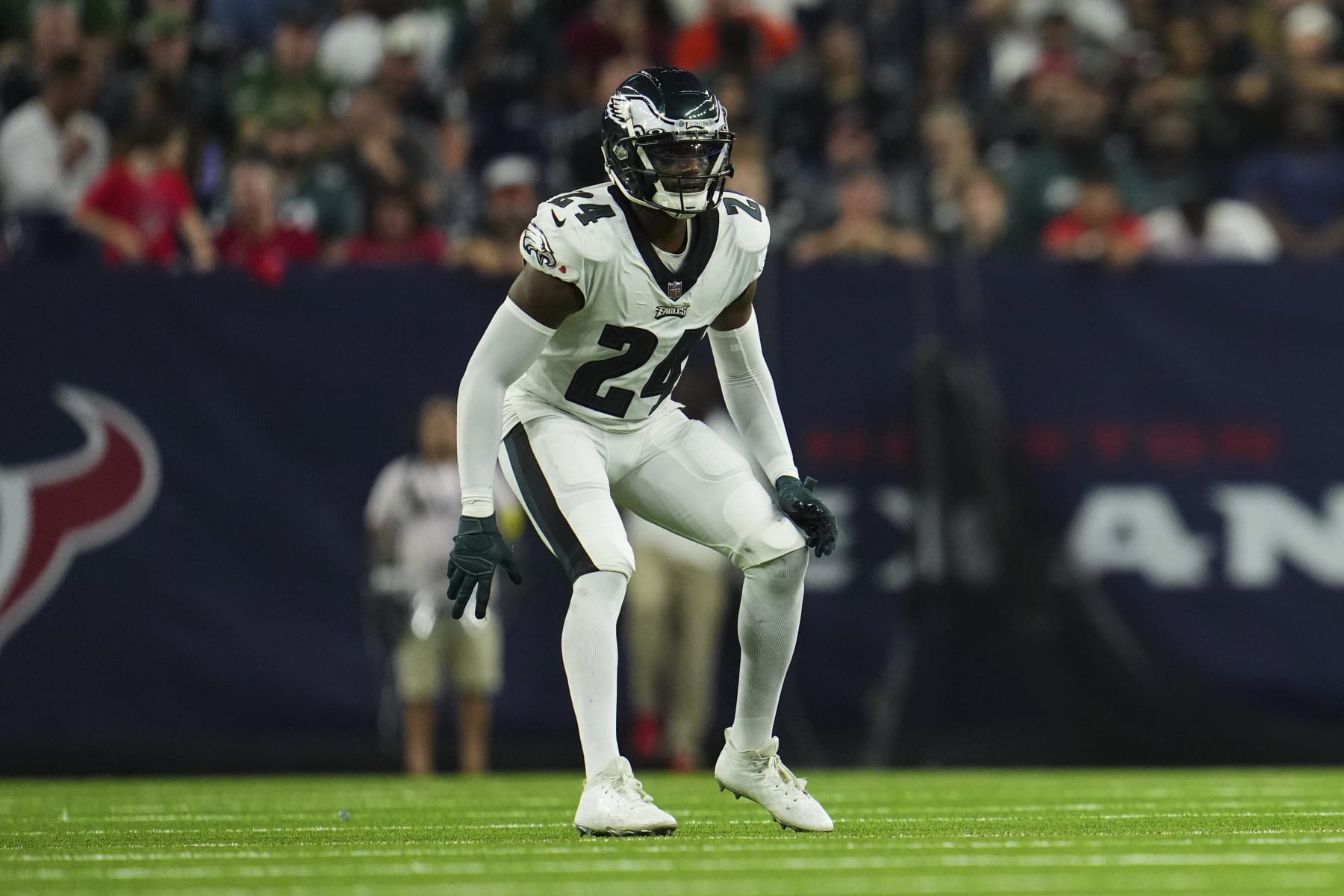HOUSTON, TX - NOVEMBER 03: James Bradberry #24 of the Philadelphia Eagles defends against the Houston Texans at NRG Stadium on November 3, 2022 in Houston, Texas. (Photo by Cooper Neill/Getty Images)
