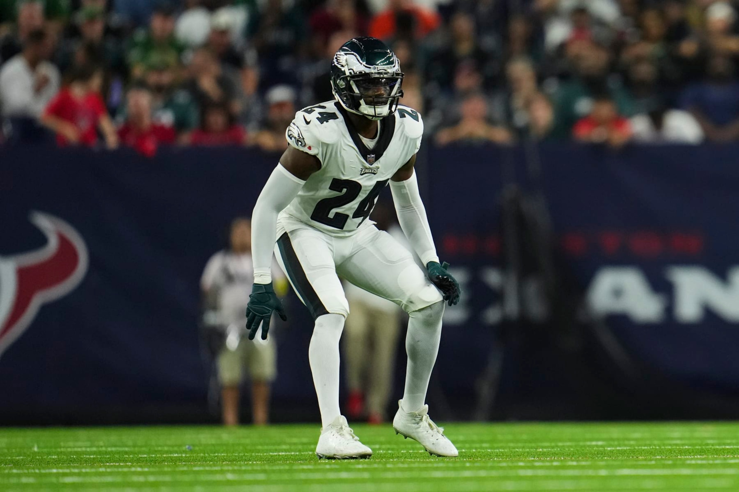 HOUSTON, TX - NOVEMBER 03: James Bradberry #24 of the Philadelphia Eagles defends against the Houston Texans at NRG Stadium on November 3, 2022 in Houston, Texas. (Photo by Cooper Neill/Getty Images)