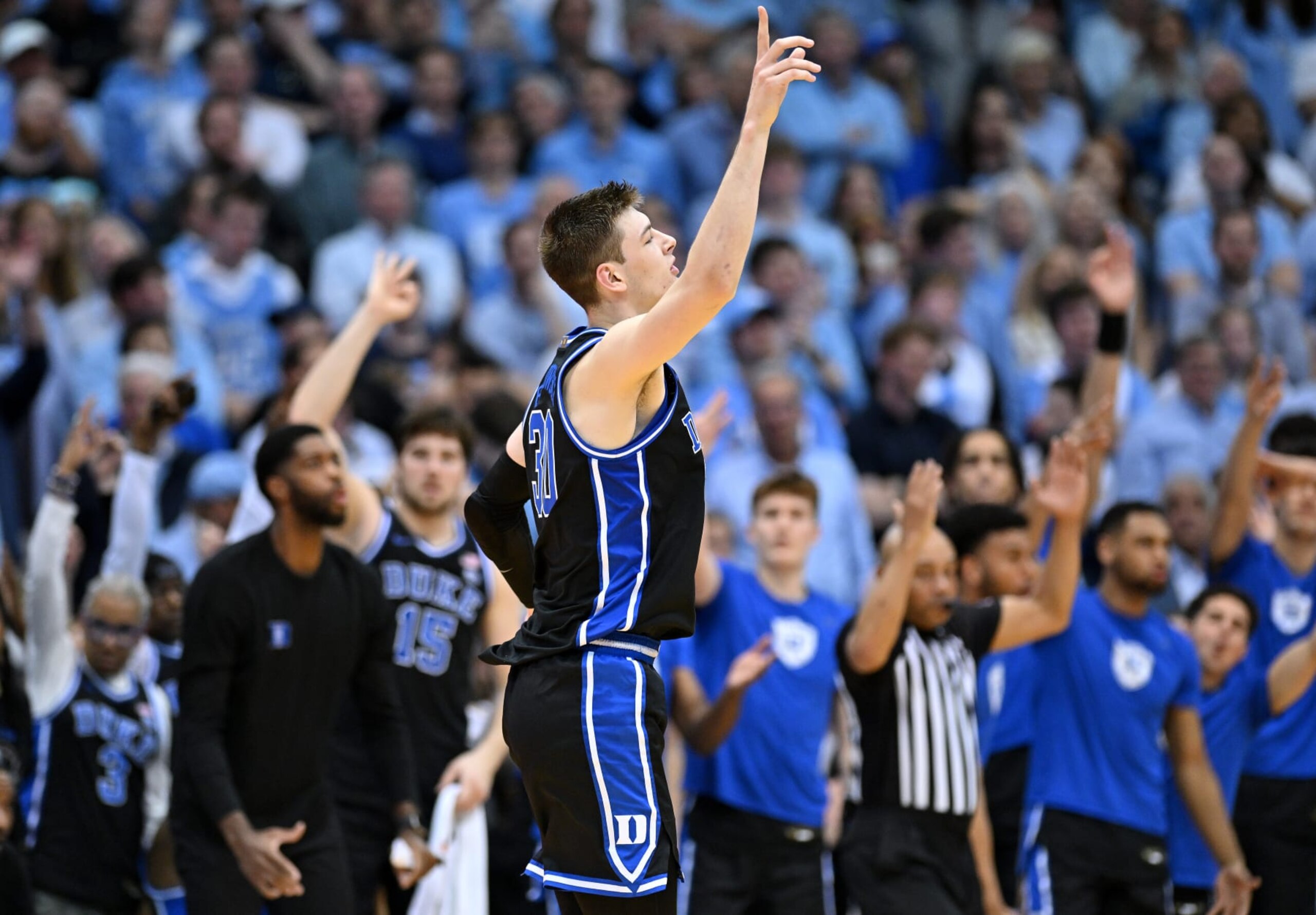 CHAPEL HILL, NORTH CAROLINA - MARCH 04: Kyle Filipowski #30 of the Duke Blue Devils reacts after making a three-point basket during the second half of the game against the North Carolina Tar Heels at the Dean E. Smith Center on March 04, 2023 in Chapel Hill, North Carolina. Duke won 62-57. (Photo by Grant Halverson/Getty Images)