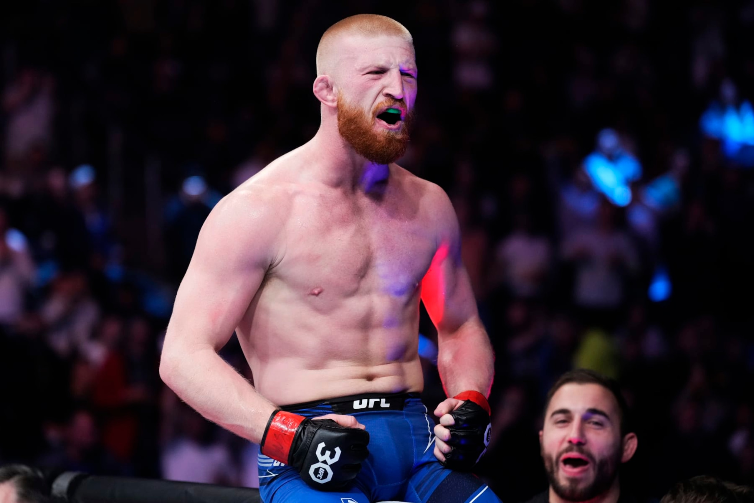 LAS VEGAS, NEVADA - MARCH 04: Bo Nickal celebrates his win over Jamie Pickett in a middleweight fight during the UFC 285 event at T-Mobile Arena on March 04, 2023 in Las Vegas, Nevada. (Photo by Jeff Bottari/Zuffa LLC via Getty Images)