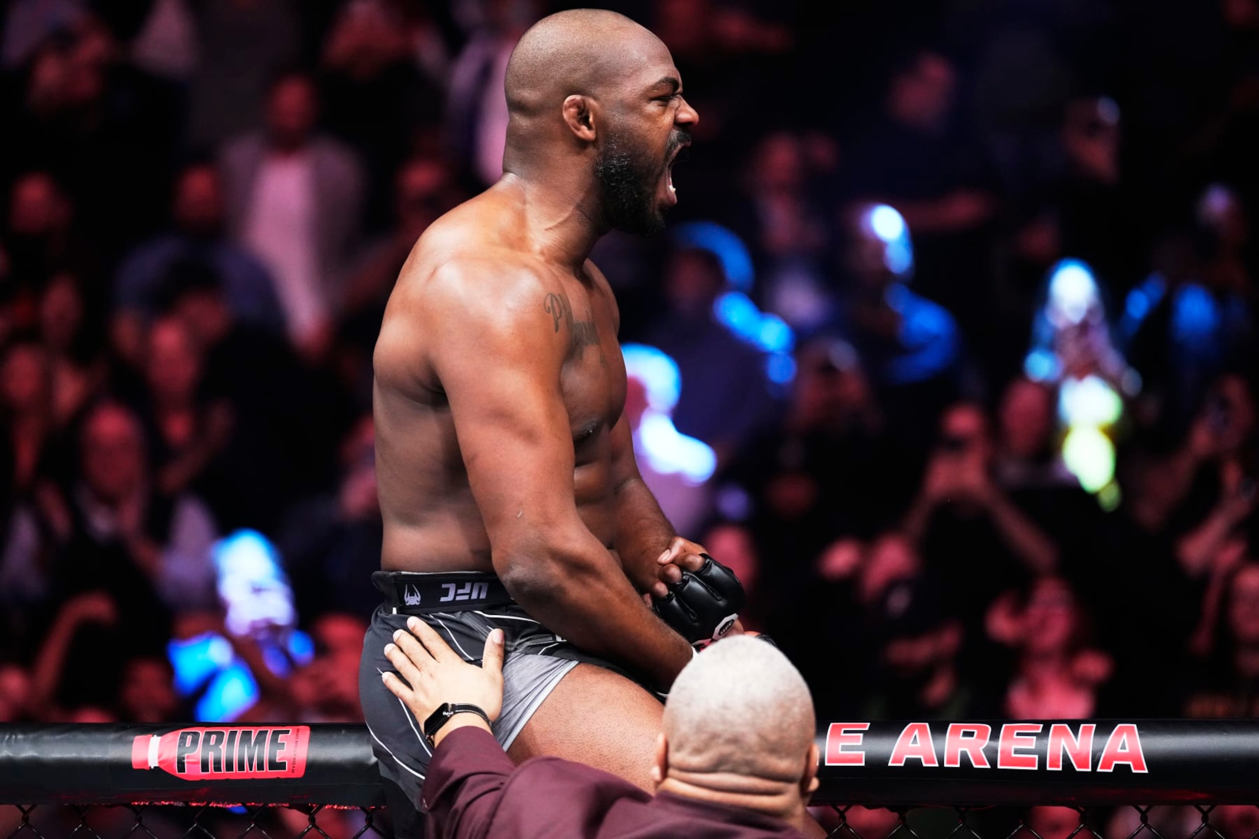 LAS VEGAS, NEVADA - MARCH 04: Jon Jones reacts to his win in the UFC heavyweight championship fight during the UFC 285 event at T-Mobile Arena on March 04, 2023 in Las Vegas, Nevada. (Photo by Jeff Bottari/Zuffa LLC via Getty Images)