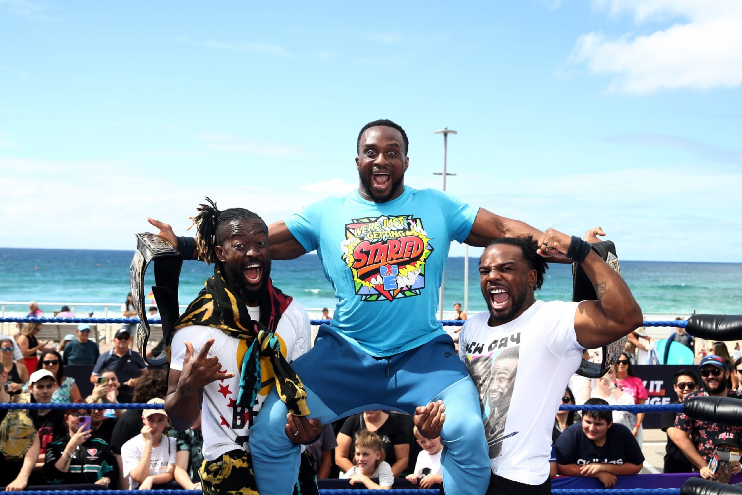 SYDNEY, AUSTRALIA - JANUARY 23: WWE Wrestlers Kofi Kingston, Big E and Xavier Woods pose during a media call at Bondi Beach on January 23, 2023 in Sydney, Australia. (Photo by Don Arnold/WireImage)