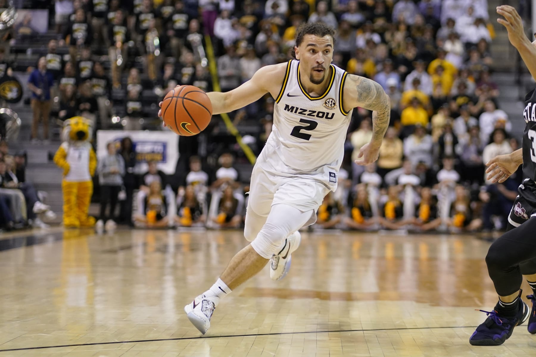 COLUMBIA, MISSOURI - FEBRUARY 21: Tre Gomillion #2 of the Missouri Tigers in action against the Mississippi State Bulldogs at Mizzou Arena on February 21, 2023 in Columbia, Missouri. (Photo by Ed Zurga/Getty Images)