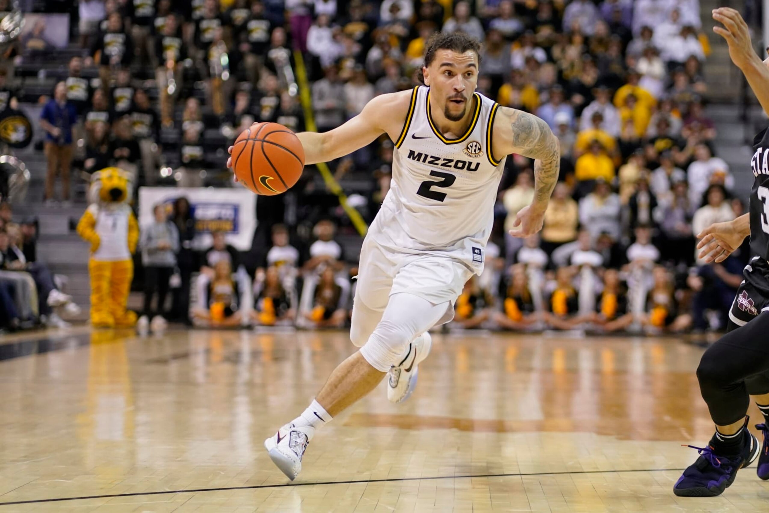 COLUMBIA, MISSOURI - FEBRUARY 21: Tre Gomillion #2 of the Missouri Tigers in action against the Mississippi State Bulldogs at Mizzou Arena on February 21, 2023 in Columbia, Missouri. (Photo by Ed Zurga/Getty Images)