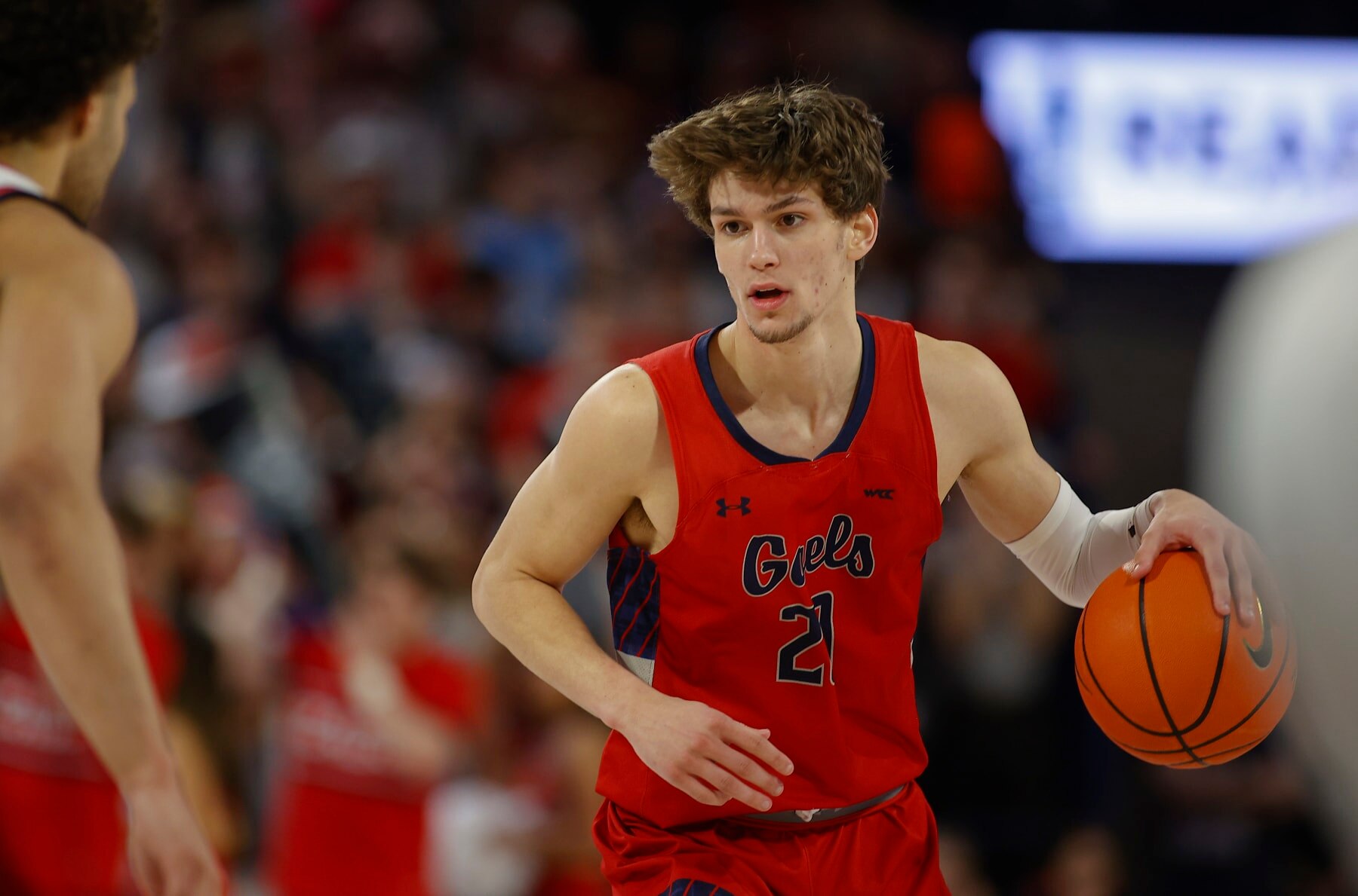 SPOKANE, WA - FEBRUARY 25: St. Mary's Gaels guard Aidan Mahaney (20) with the ball during the game between the St. Mary's Gaels and the Gonzaga Bulldogs on February 25, 2023, at McCarthey Athletic Center in Spokane, WA.