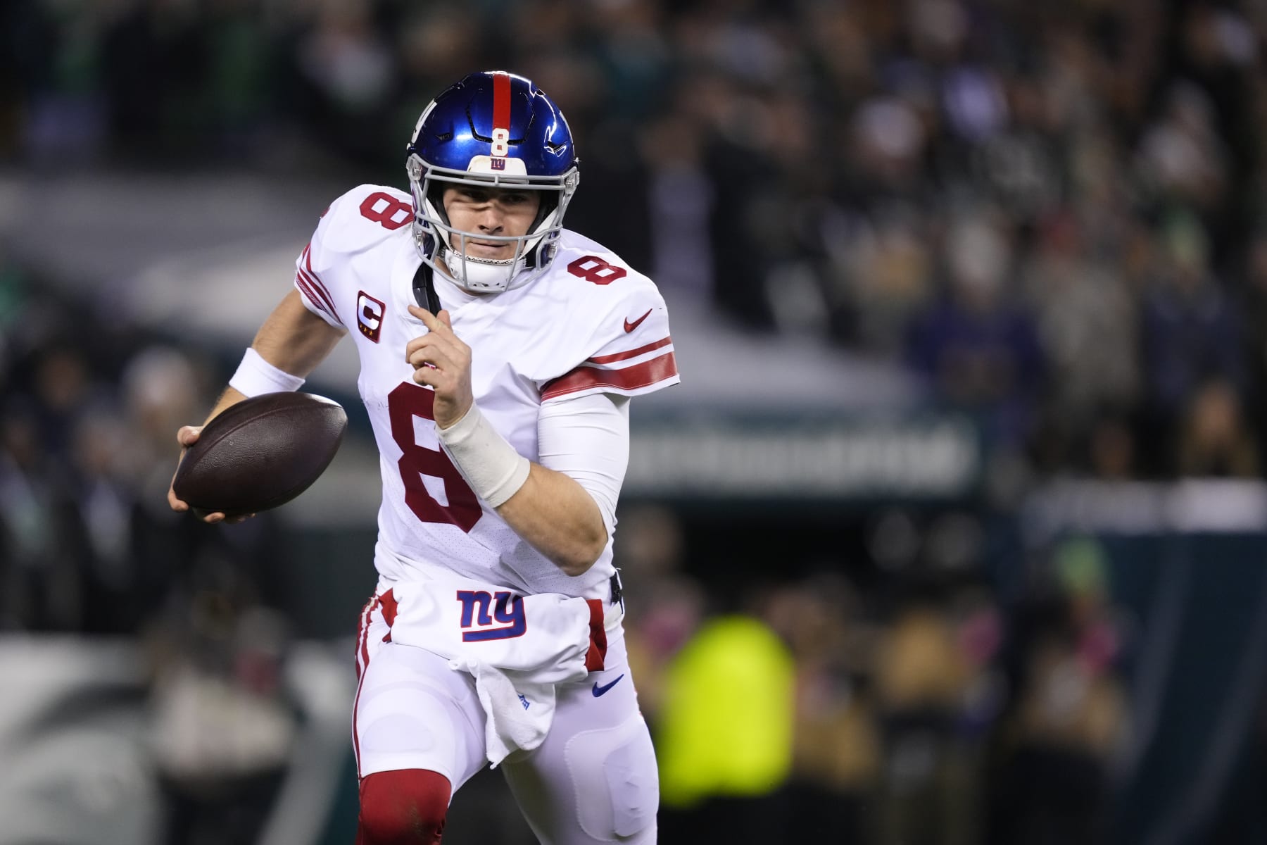 New York Giants quarterback Daniel Jones in action during an NFL divisional round playoff football game, Saturday, Jan. 21, 2023, in Philadelphia. (AP Photo/Matt Rourke)