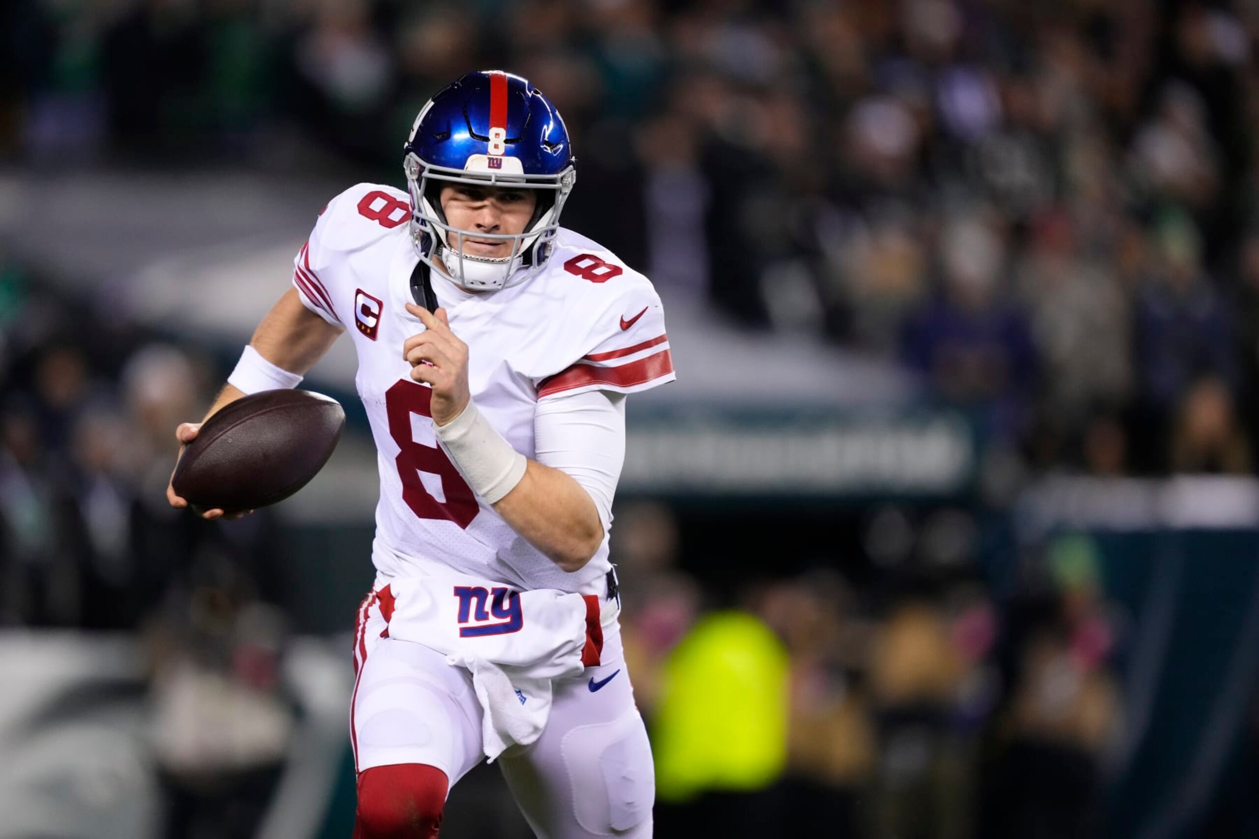 New York Giants quarterback Daniel Jones in action during an NFL divisional round playoff football game, Saturday, Jan. 21, 2023, in Philadelphia. (AP Photo/Matt Rourke) New York Giants quarterback Daniel Jones in action during an NFL divisional round playoff football game, Saturday, Jan. 21, 2023, in Philadelphia. (AP Photo/Matt Rourke)