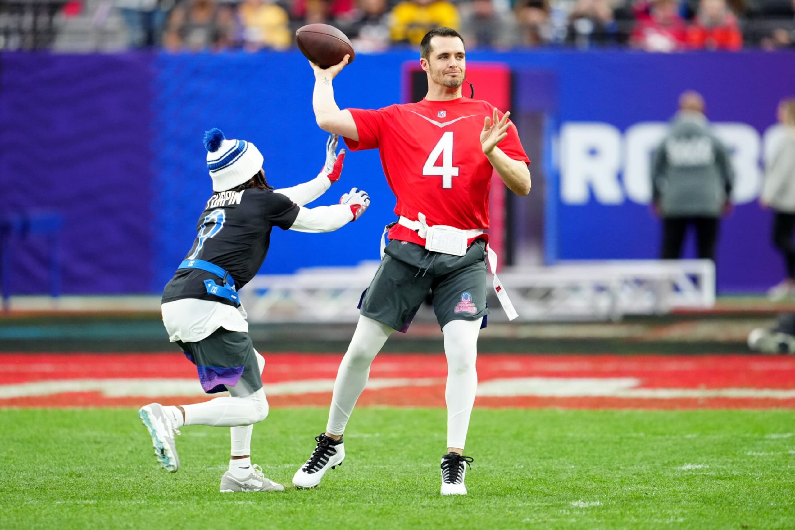 LAS VEGAS, NEVADA - FEBRUARY 05: Derek Carr of the Las Vegas Raiders and AFC throws a pass against the NFC during the 2023 NFL Pro Bowl Games at Allegiant Stadium on February 05, 2023 in Las Vegas, Nevada. (Photo by Jeff Bottari/Getty Images)