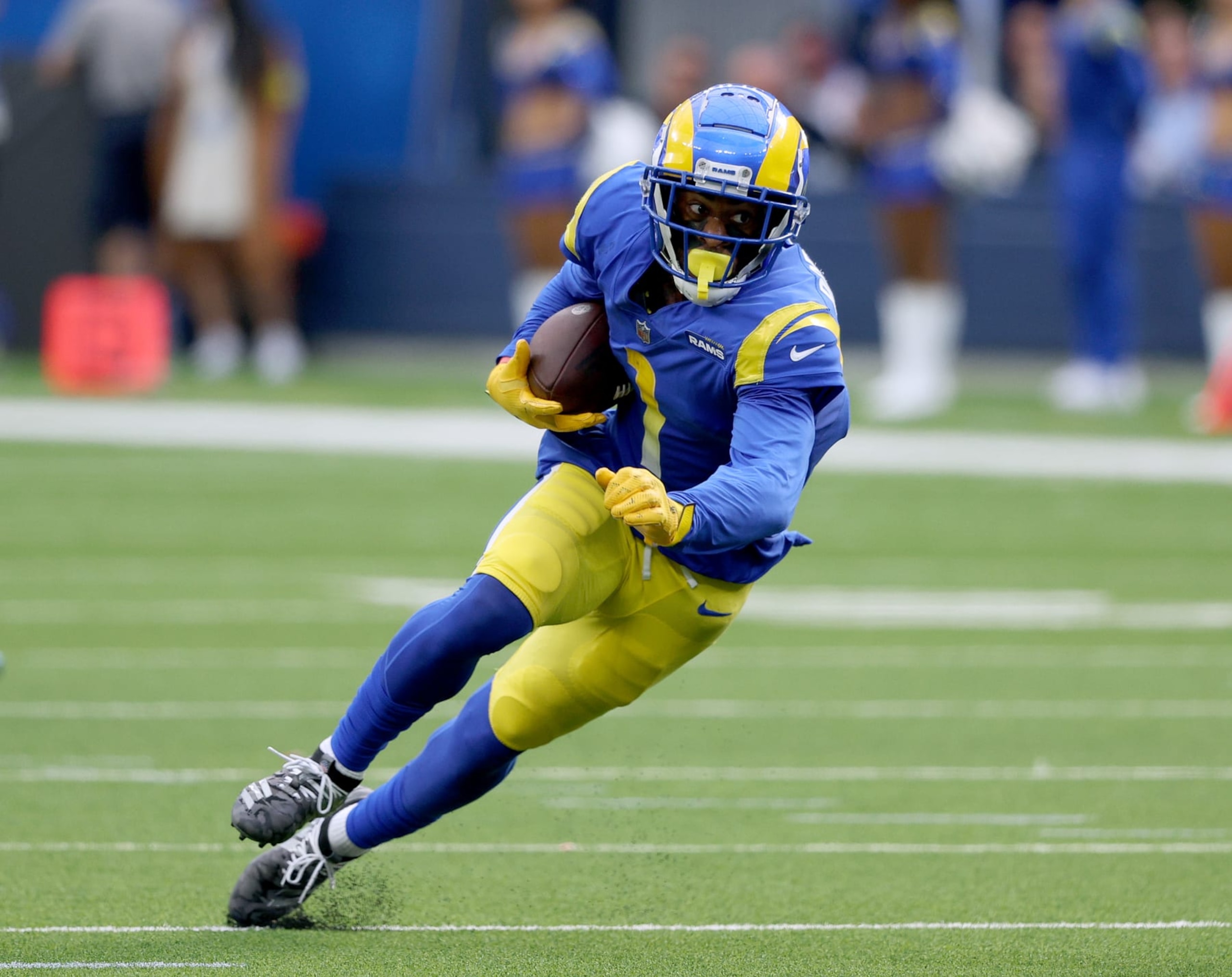 INGLEWOOD, CALIFORNIA - OCTOBER 16: Allen Robinson II #1 of the Los Angeles Rams cuts up field during a 24-10 win over the Carolina Panthers at SoFi Stadium on October 16, 2022 in Inglewood, California. (Photo by Harry How/Getty Images)