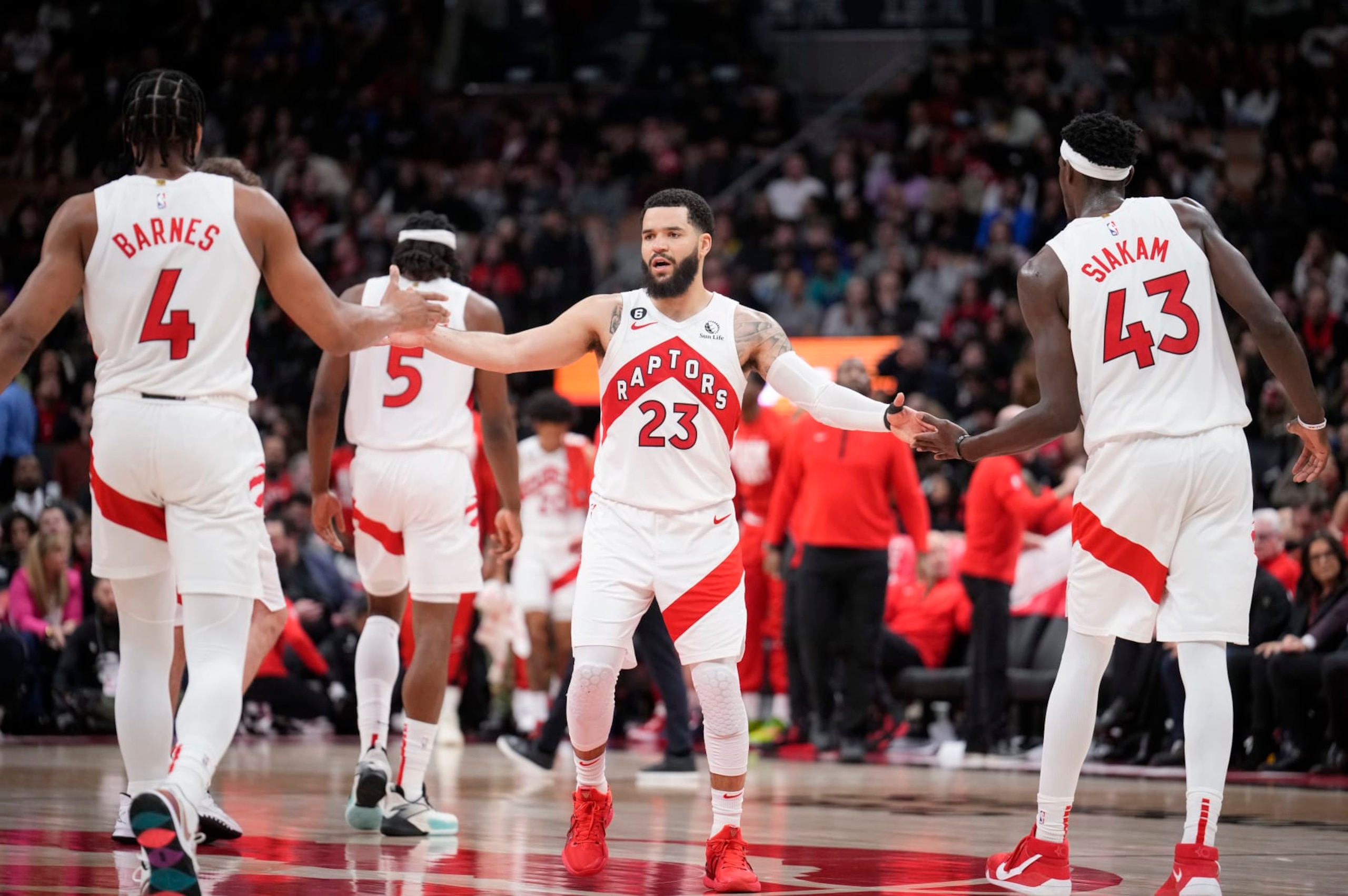 Scottie Barnes, Fred VanVleet and Pascal Siakam