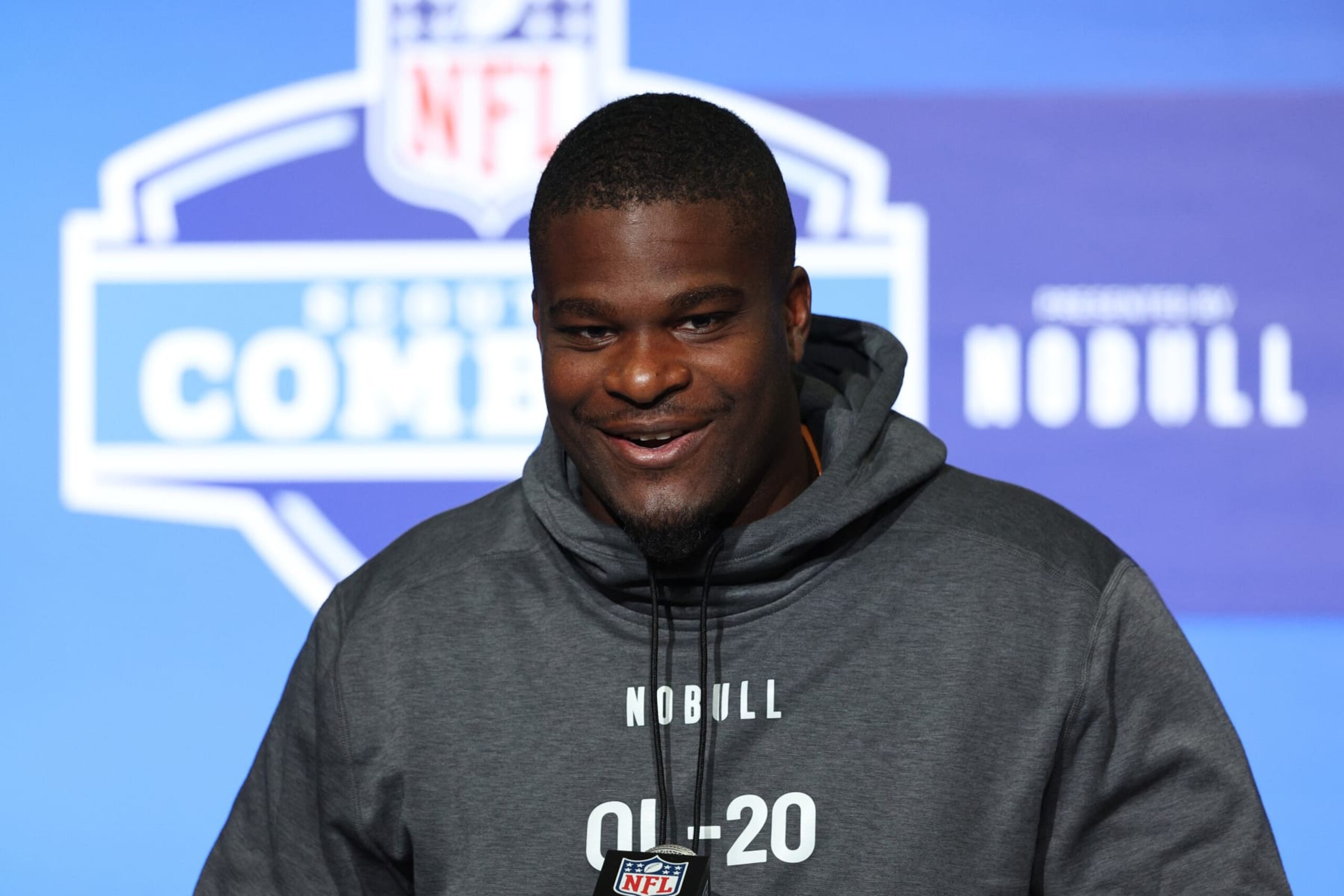 INDIANAPOLIS, INDIANA - MARCH 04: Offensive lineman Richard Gouraige of Florida speaks to the media during the NFL Combine at Lucas Oil Stadium on March 04, 2023 in Indianapolis, Indiana. (Photo by Michael Hickey/Getty Images)