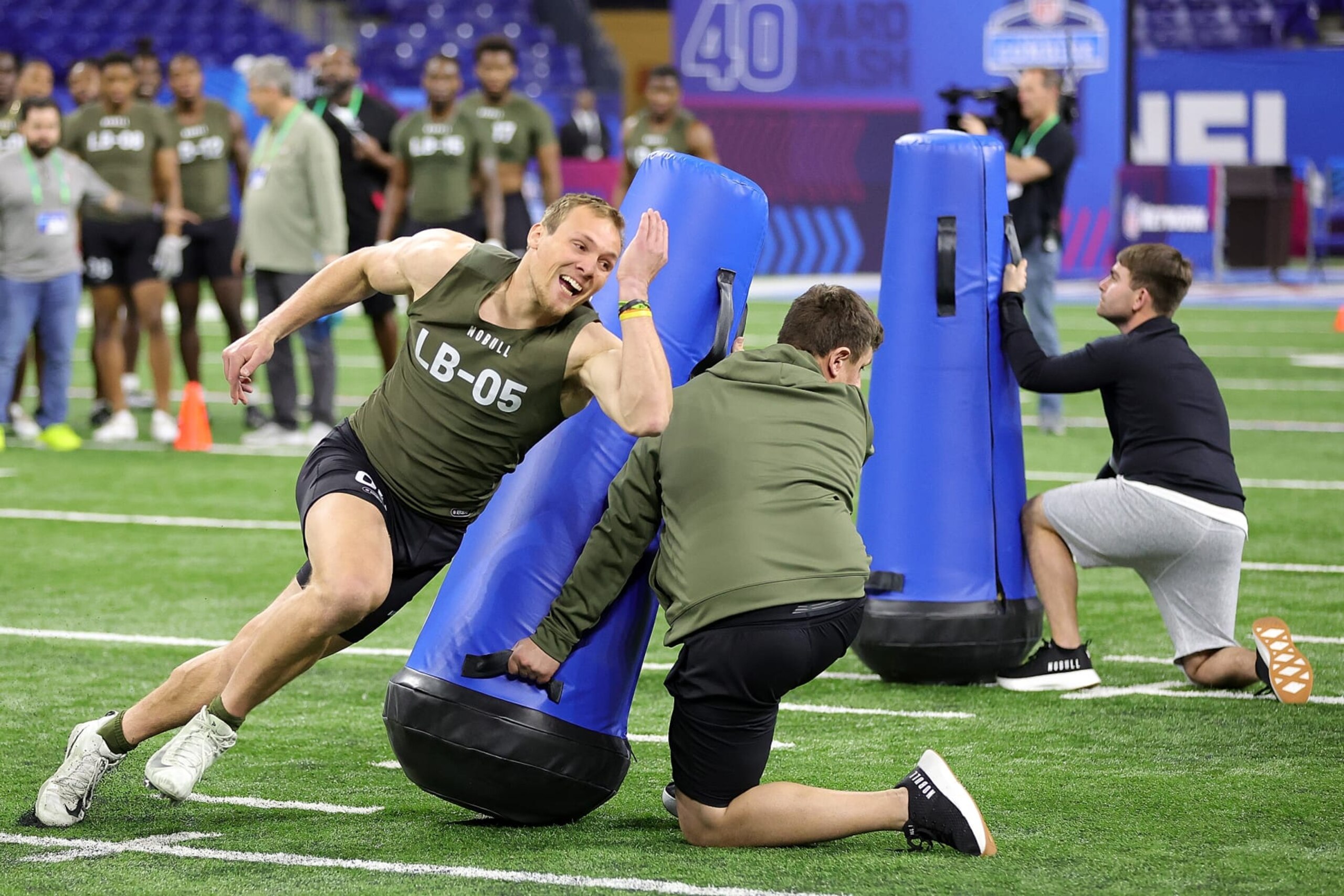 INDIANAPOLIS, INDIANA - MARCH 02: Linebacker Jack Campbell of Iowa participates in the 40-yard dash during the NFL Combine at Lucas Oil Stadium on March 02, 2023 in Indianapolis, Indiana. (Photo by Stacy Revere/Getty Images)