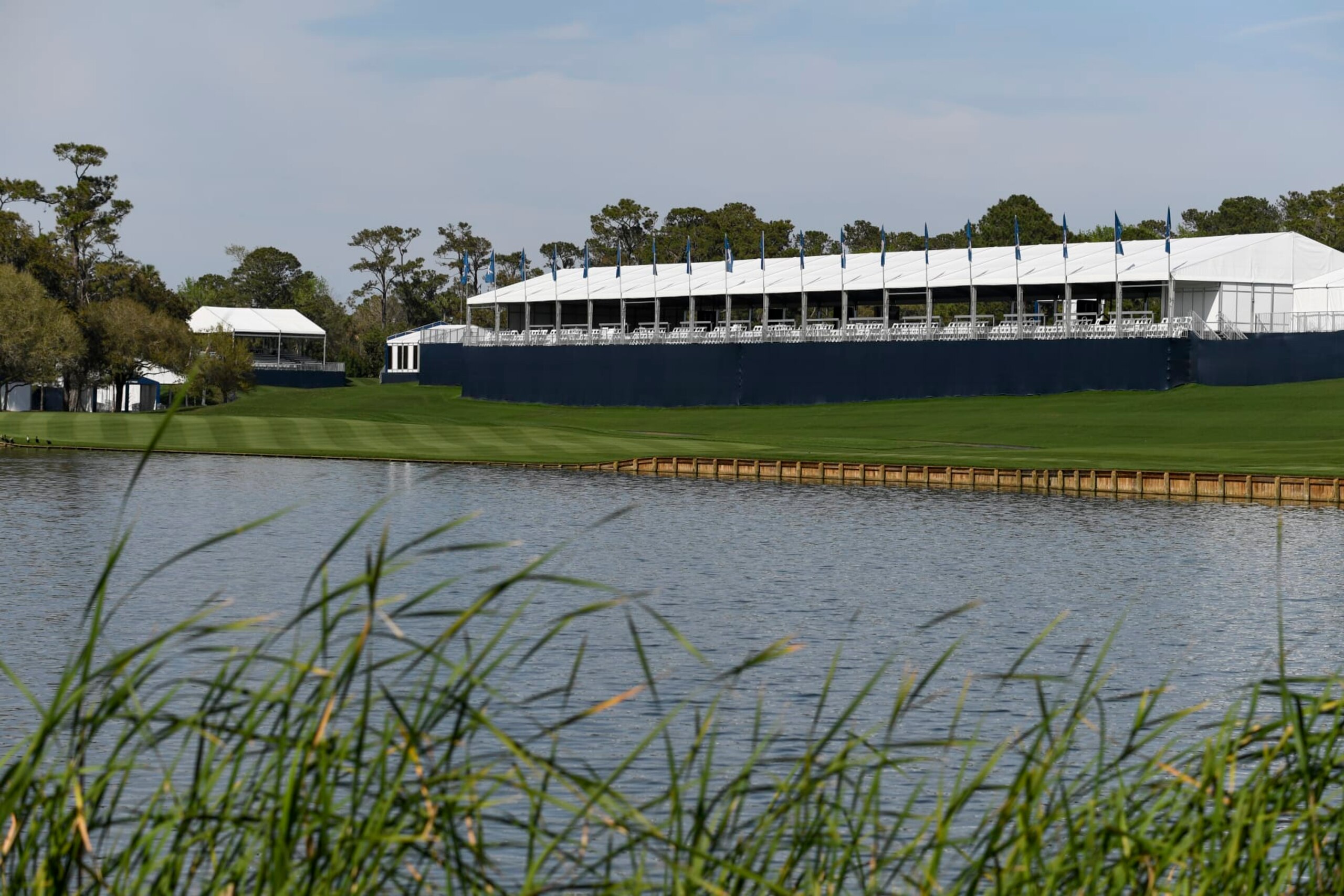 PONTE VEDRA BEACH, FLORIDA - FEBRUARY 24: Hospitality on the 18th fairway prior to THE PLAYERS Championship at Stadium Course at TPC Sawgrass on February 24, 2023 in Ponte Vedra Beach, Florida. (Photo by Tracy Wilcox/PGA TOUR via Getty Images)