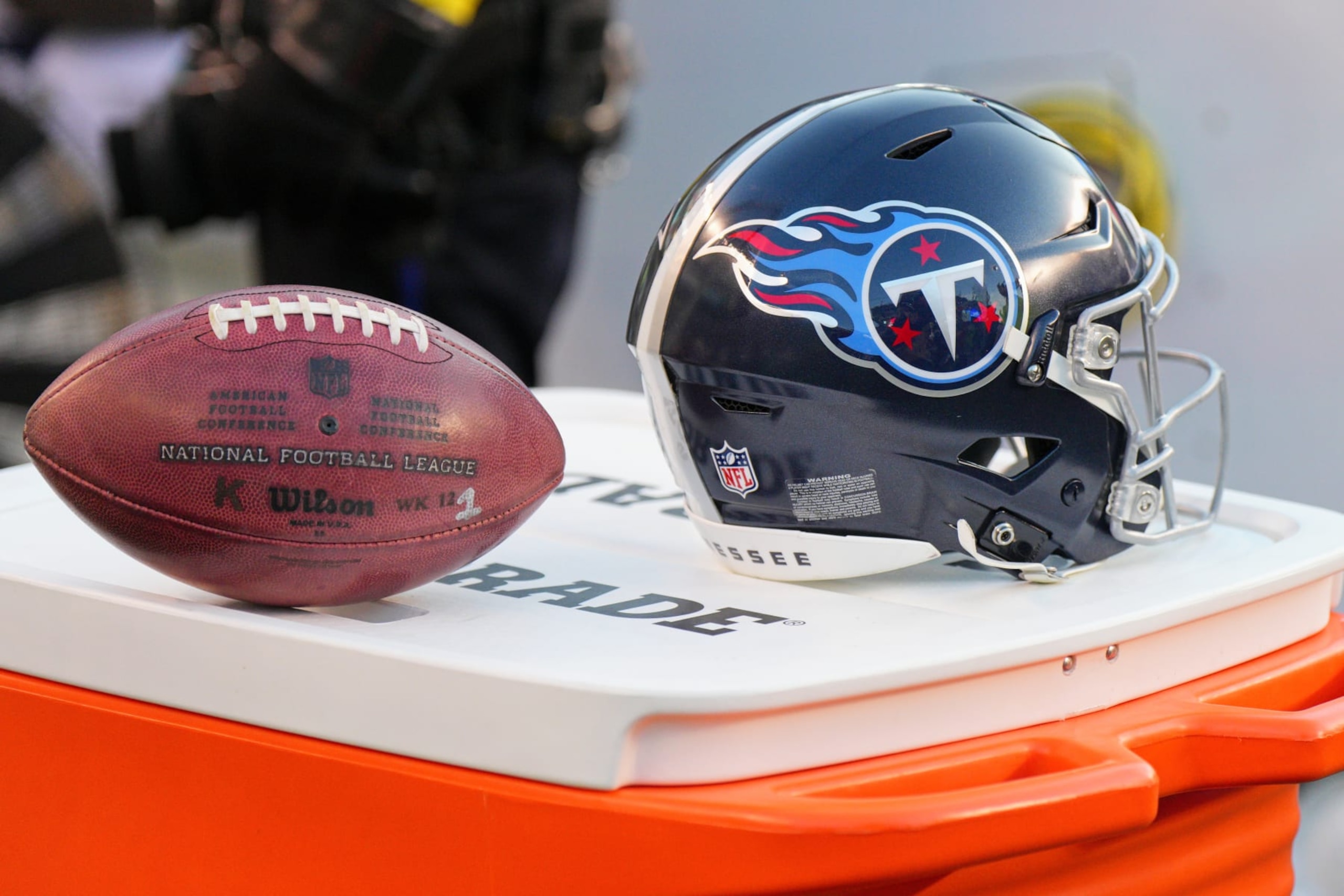 PHILADELPHIA, PA - DECEMBER 04: Tennessee Titans helmet and football is on a cart during the game between the Tennessee Titans and the Philadelphia Eagles on December 4, 2022 at Lincoln Financial Field in Philadelphia, PA. (Photo by Andy Lewis/Icon Sportswire via Getty Images)