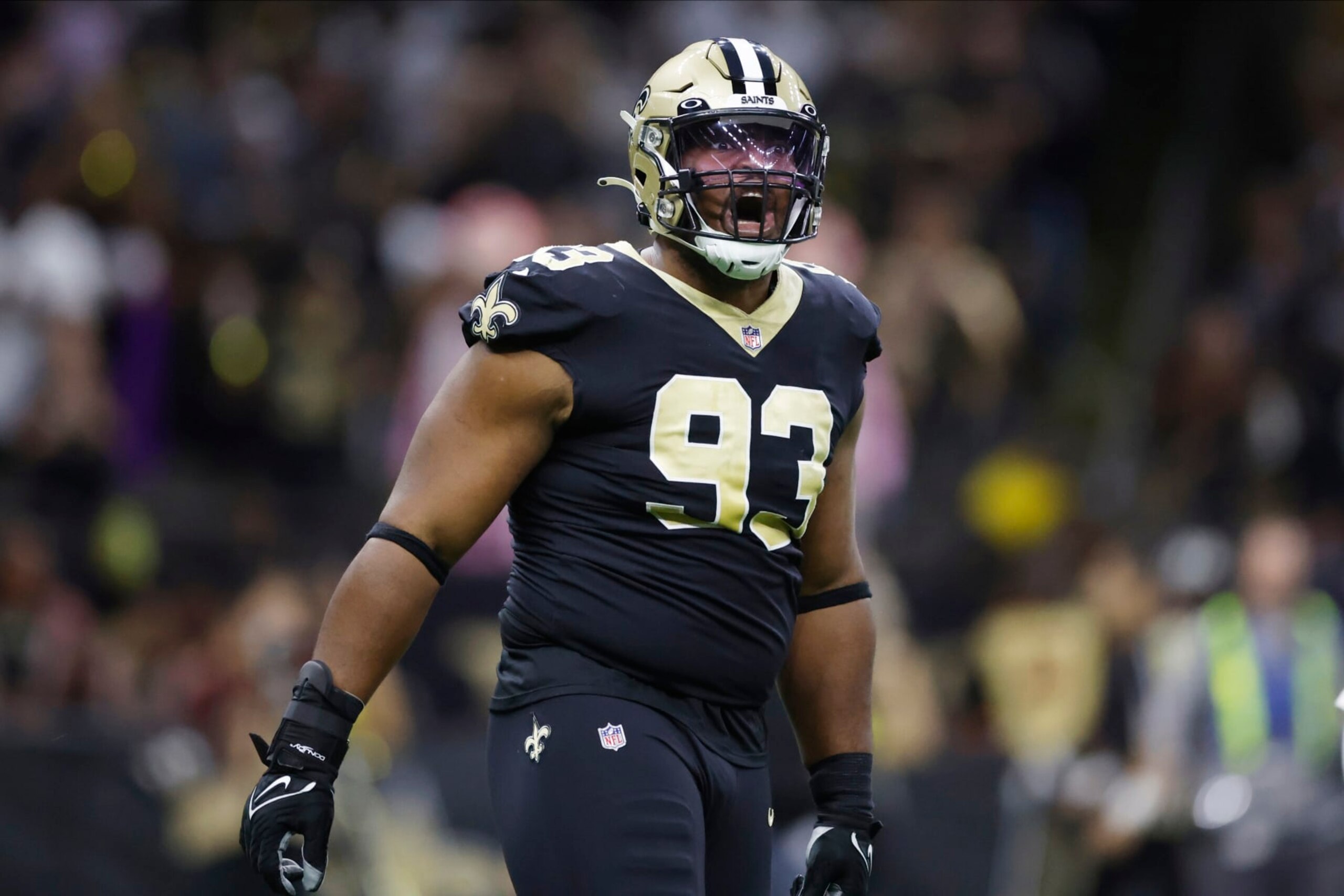 New Orleans Saints defensive tackle David Onyemata (93) celebrates after a play during the first half of an NFL football game against the Las Vegas Raiders Sunday, Oct. 30, 2022, in New Orleans. (AP Photo/Rusty Costanza)